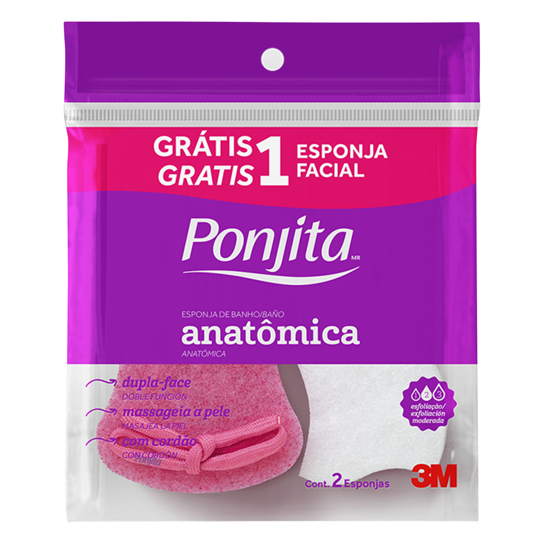 Esponja para Banho Anat&ocirc;mica + Facial Ponjita C/2 Unidades - Embalagem Gr&aacute;tis 01 Esponja Facial