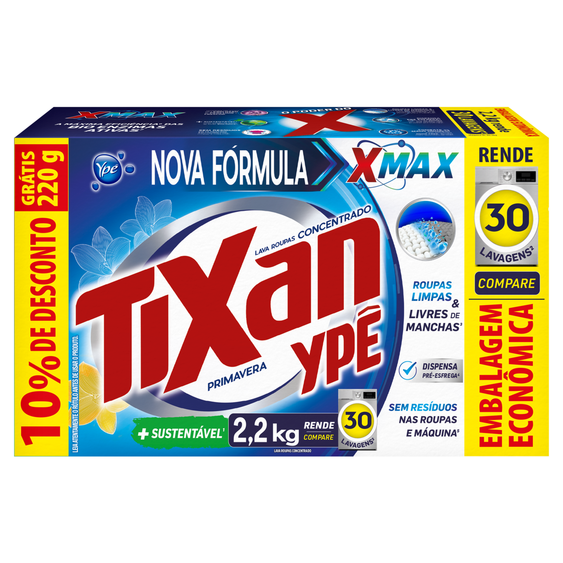 Lava Roupas em Pó Concentrado Primavera Tixan Ypê Caixa 2,2kg - Embalagem Econômica - 10% de Desconto, Grátis 220g