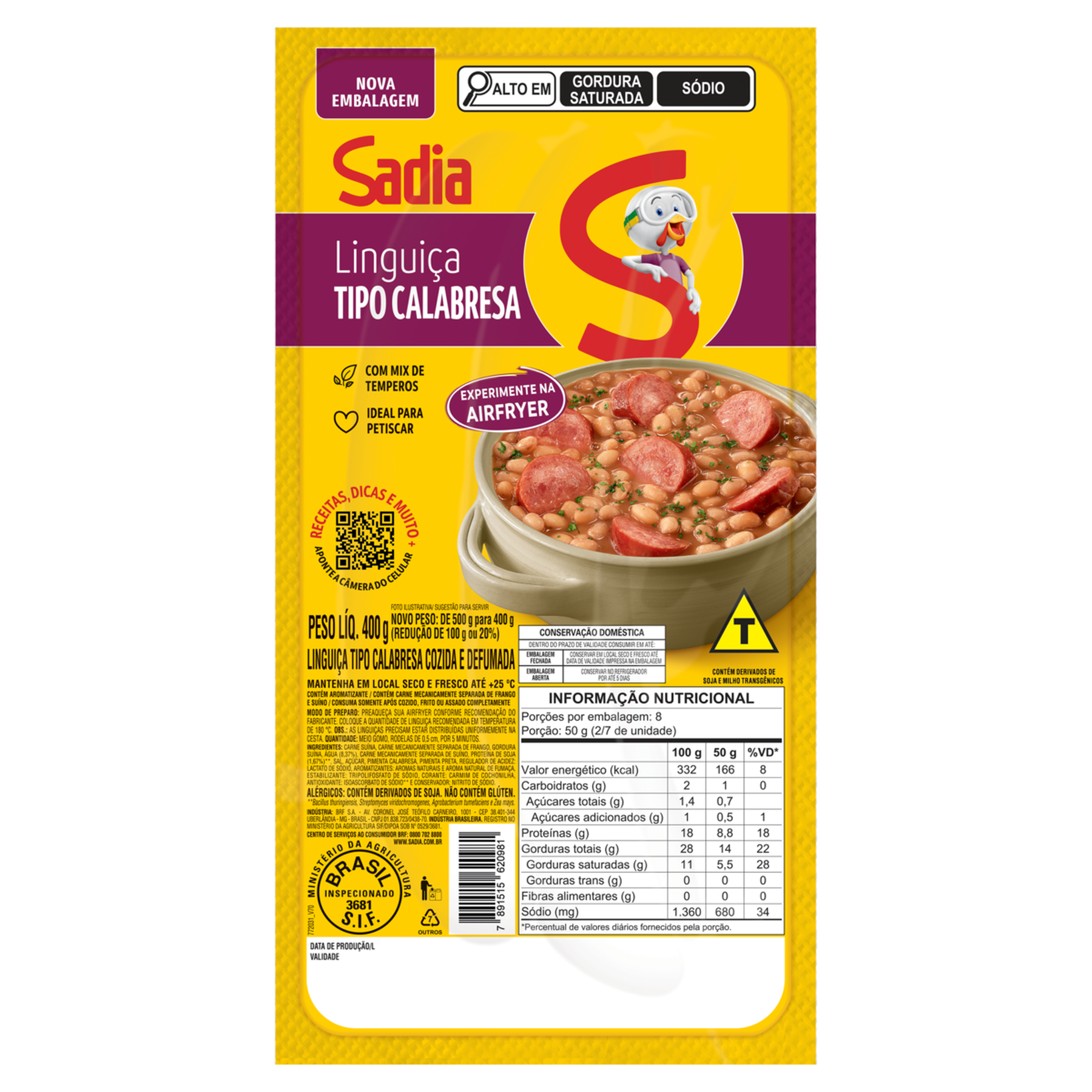 Linguiça Calabresa Cozida e Defumada Sadia 400g