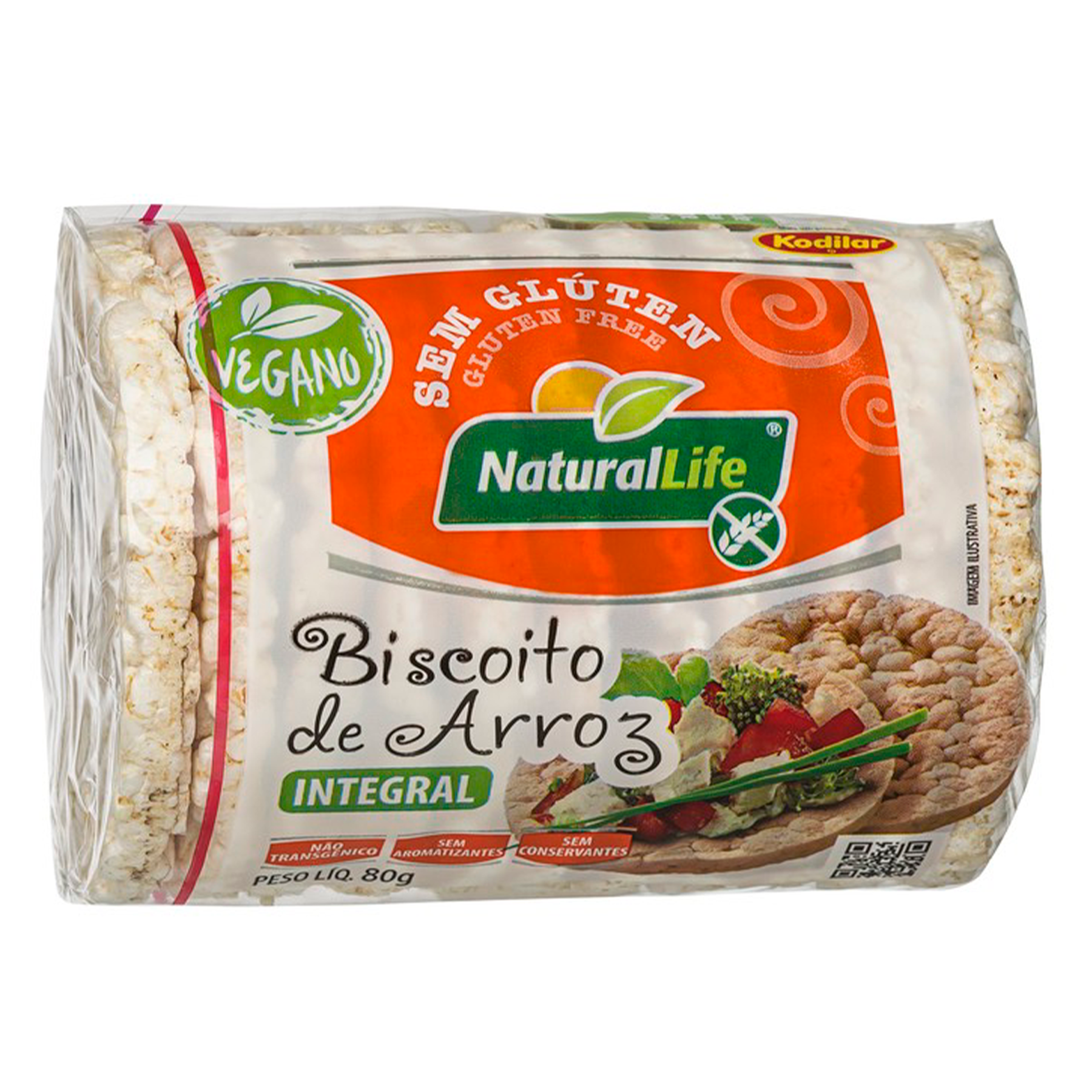 Biscoito de Arroz Integral Sem Gl&uacute;ten Natural Life Kodilar Pacote 80g