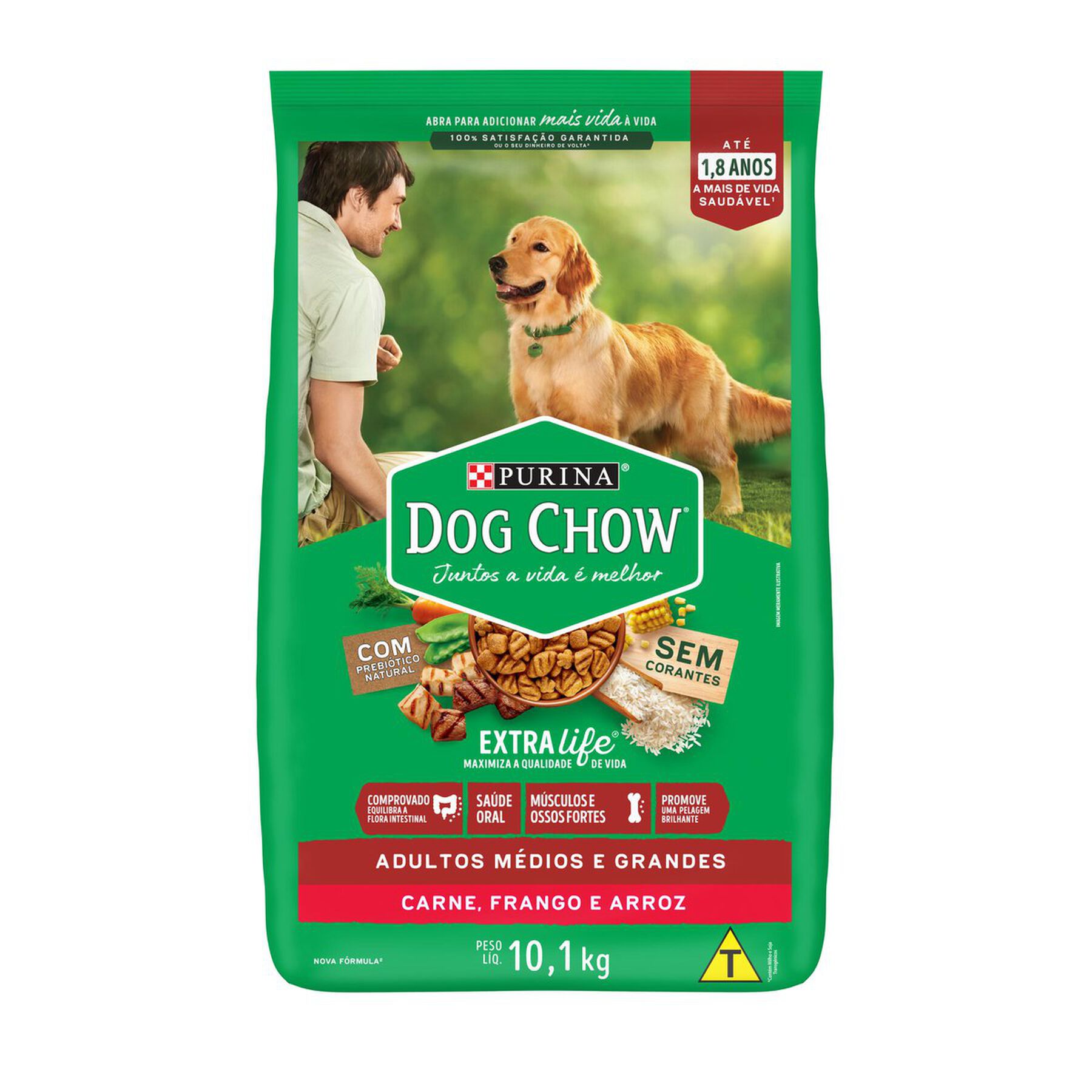 Alimento para Cães Adultos Raças Médias e Grandes Carne, Frango e Arroz Purina Dog Chow Extra Life Pacote 10,1kg