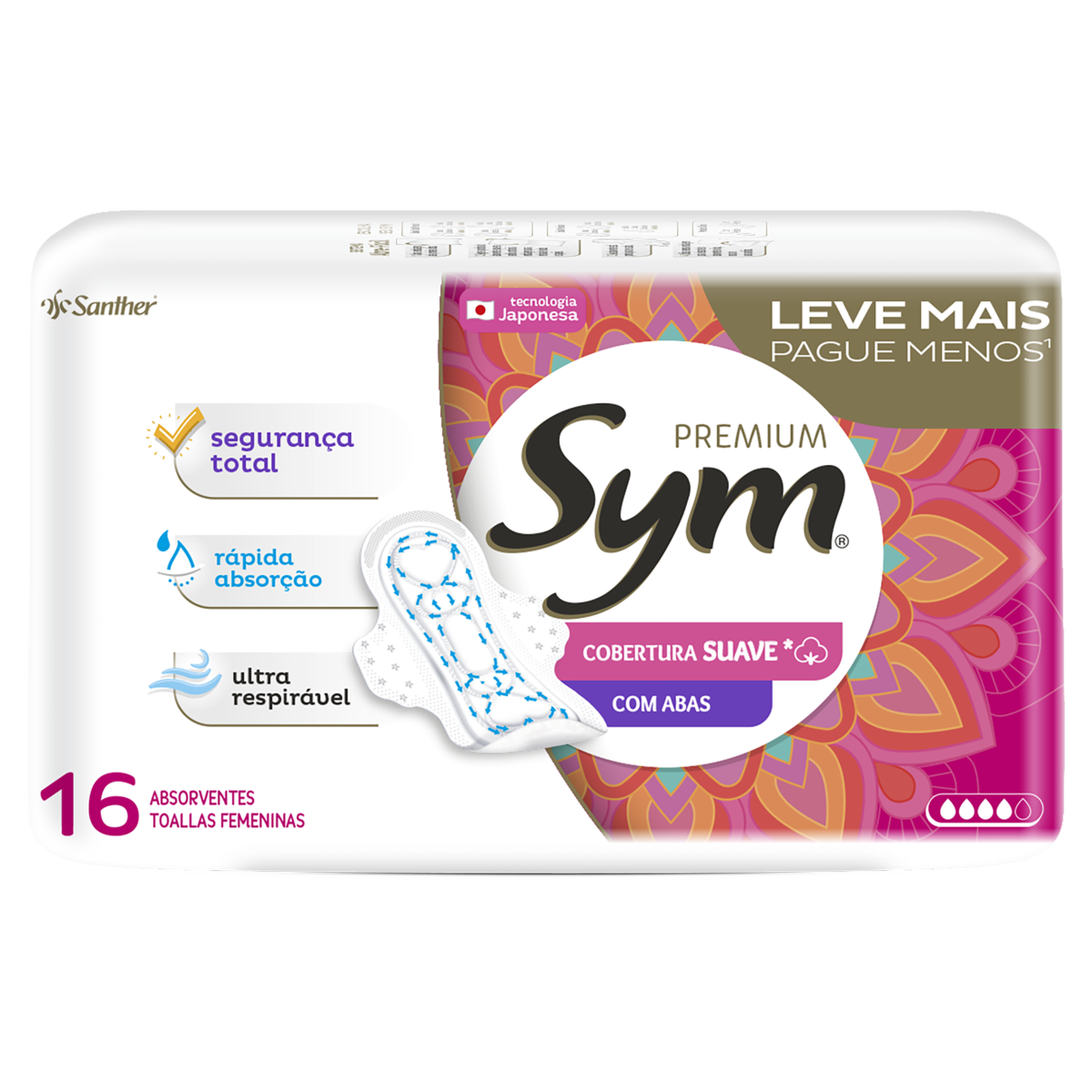 Absorvente com Abas Ultrarrespir&aacute;vel Suave Premium Sym Pacote C/16 Unidades - Embalagem Leve Mais Pague Menos