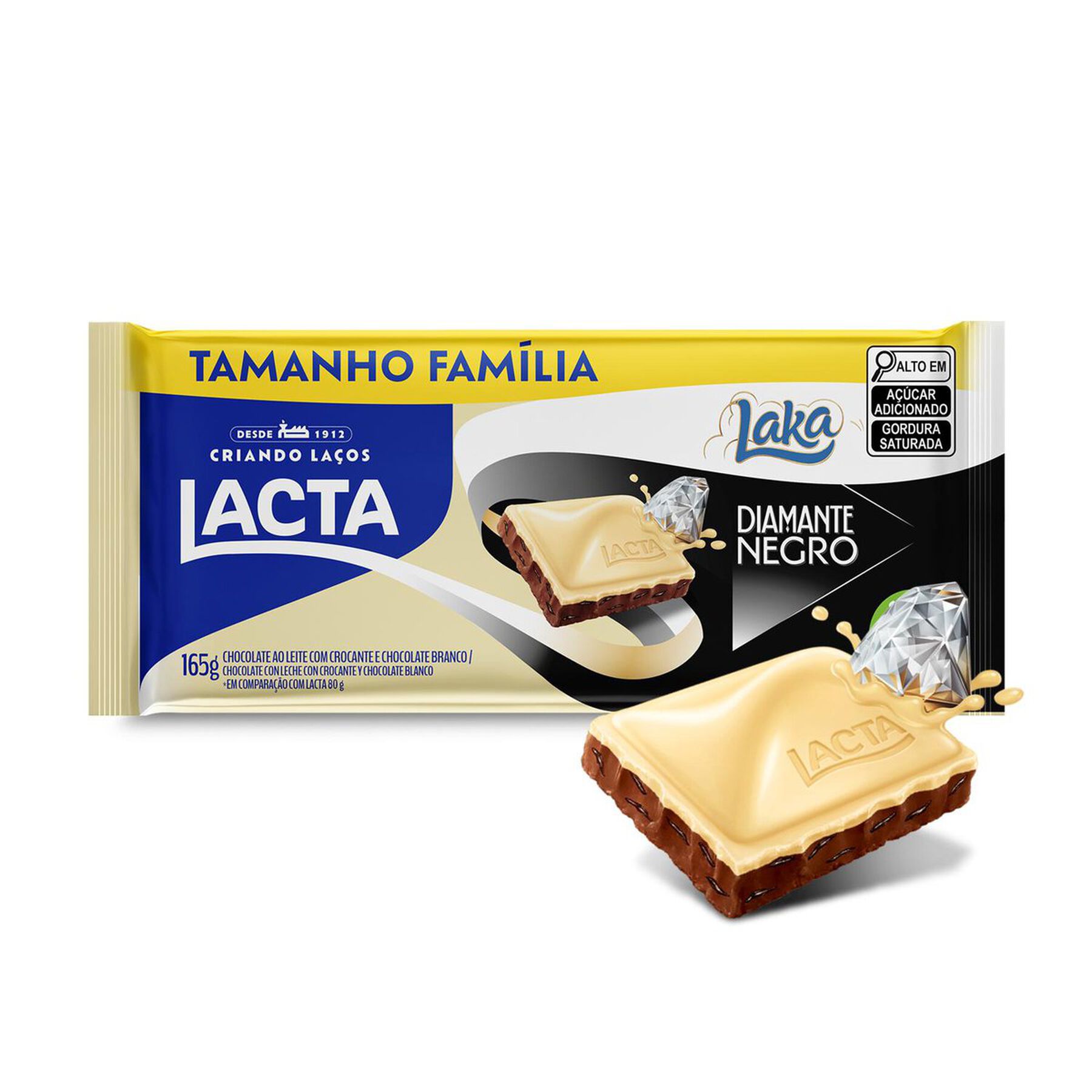 Barra de Chocolate ao Leite e Branco Diamante Negro + Laka Lacta Pacote 165g - Embalagem Tamanho Fam&iacute;lia