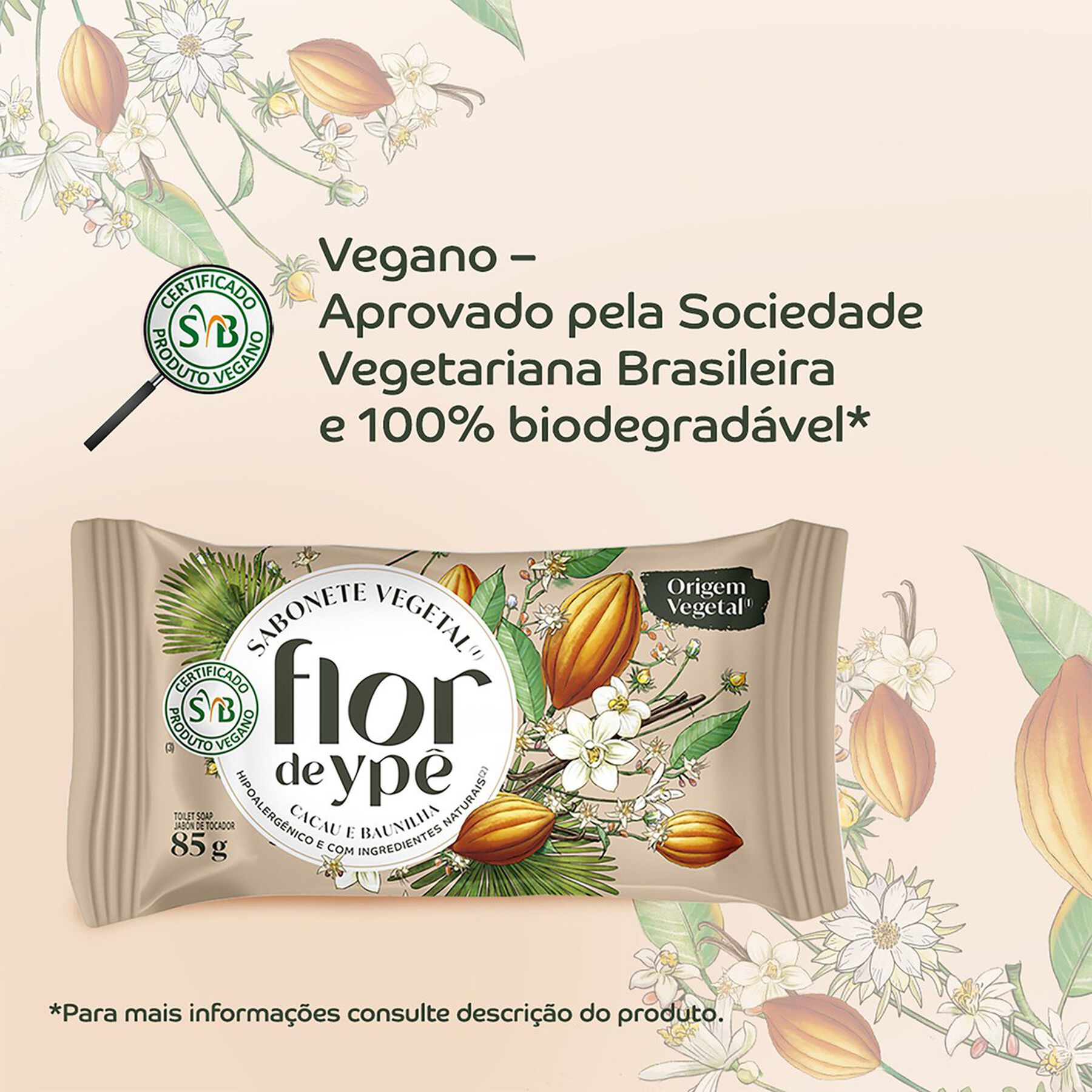 Sabonete em Barra Vegetal Cacau e Baunilha Flor de Ypê Flow Pack 85g