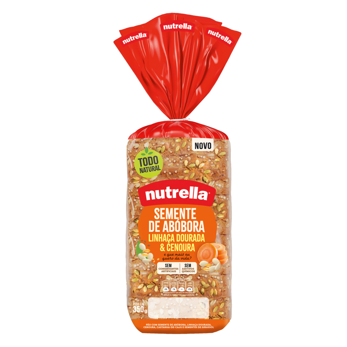 P&atilde;o Semente de Ab&oacute;bora, Linha&ccedil;a Dourada e Cenoura Nutrella Pacote 350g