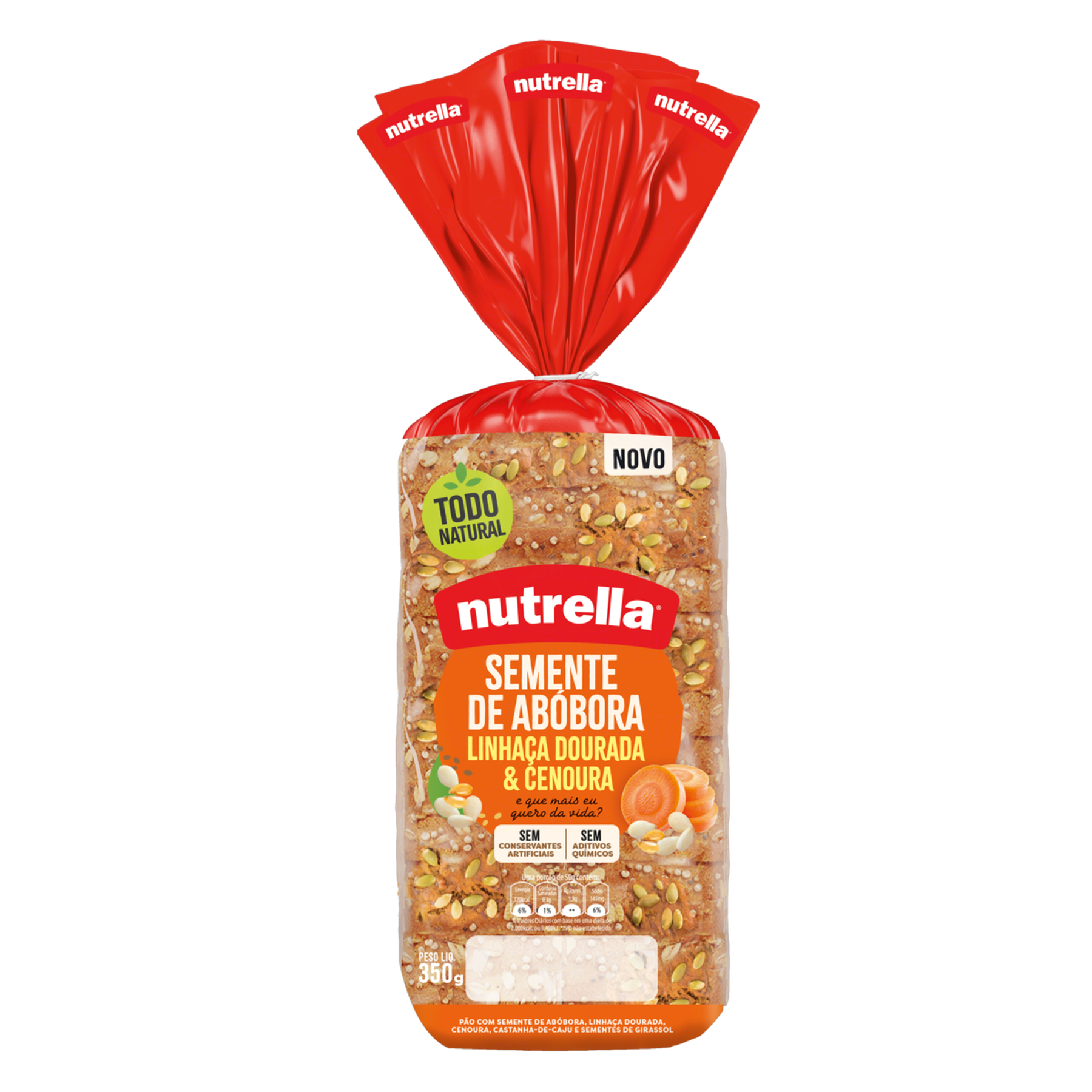 P&atilde;o Semente de Ab&oacute;bora, Linha&ccedil;a Dourada e Cenoura Nutrella Pacote 350g