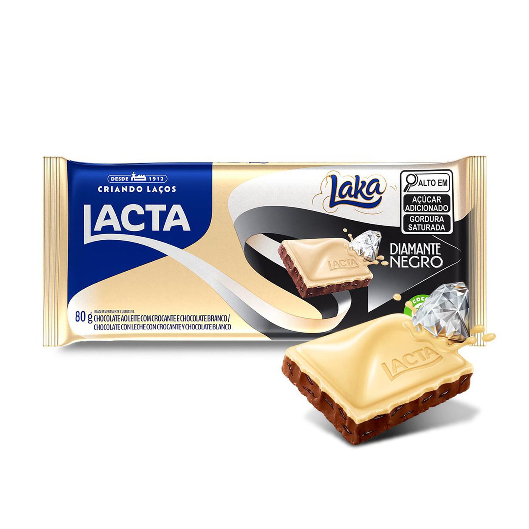Barra de Chocolate ao Leite e Branco Diamante Negro + Laka Lacta Pacote 80g