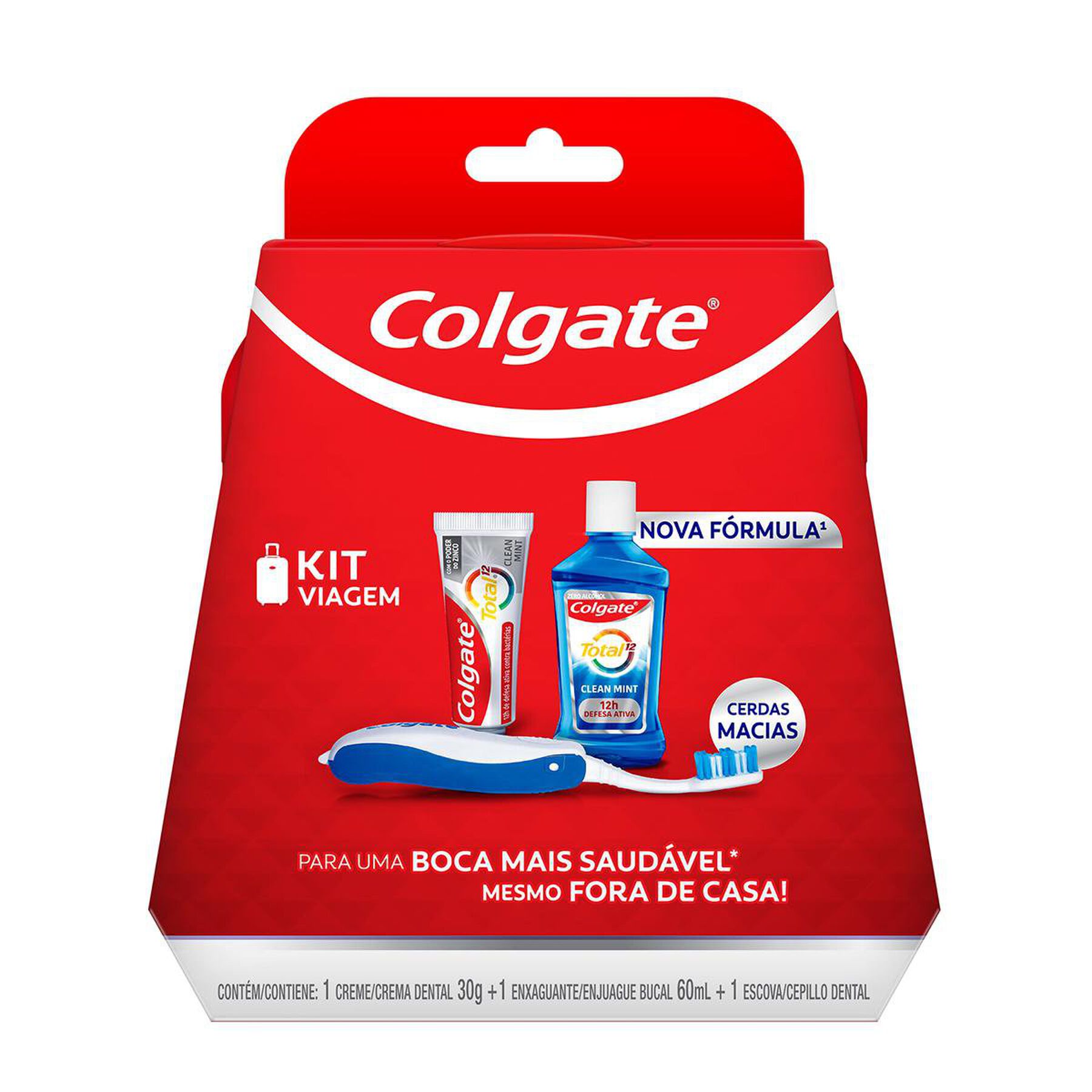 Kit Viagem Creme Dental Anticárie Clean Mint 30g + Enxaguante Bucal Antibacteriano Clean Mint 60ml + Escova Dental Macia + Estojo Colgate Total 12