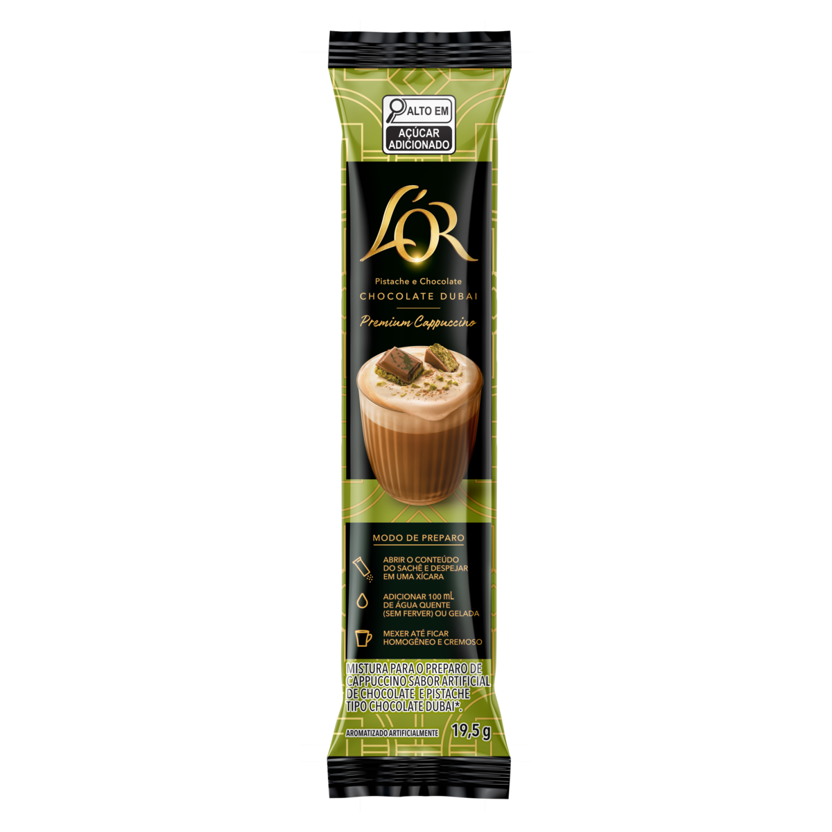 Cappuccino Sol&uacute;vel Chocolate Dubai L'or Premium Pacote 19,5g