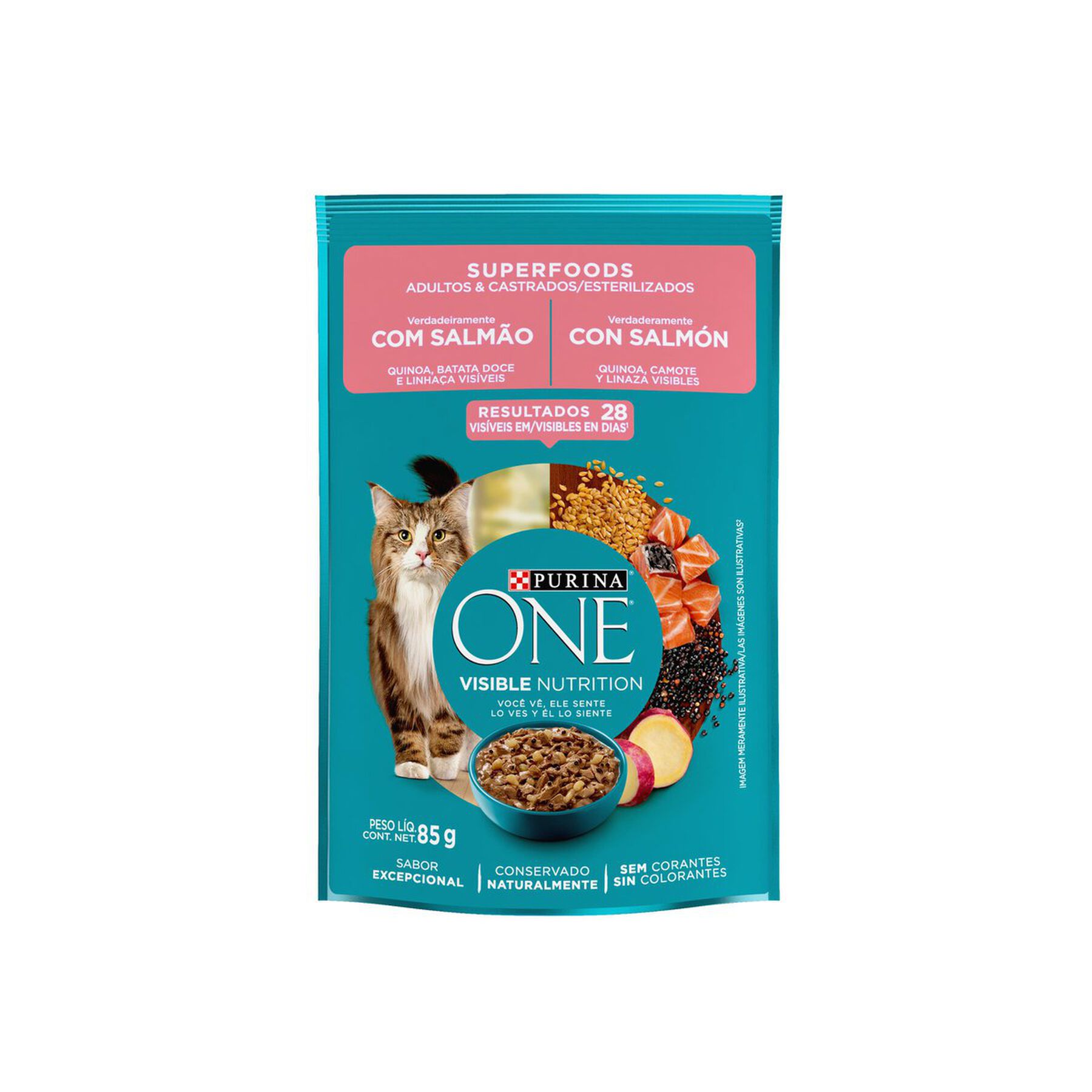 Alimento para Gatos Adultos Castrados Salmão Purina One Superfoods Sachê 85g
