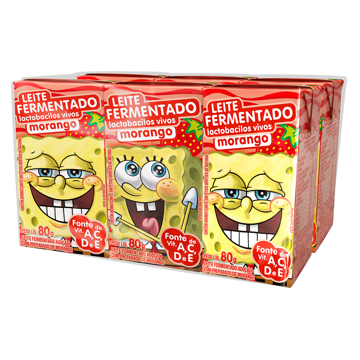 Leite Fermentado Desnatado Morango Bob Esponja Eleg&ecirc; Caixa 480g C/6 Unidades