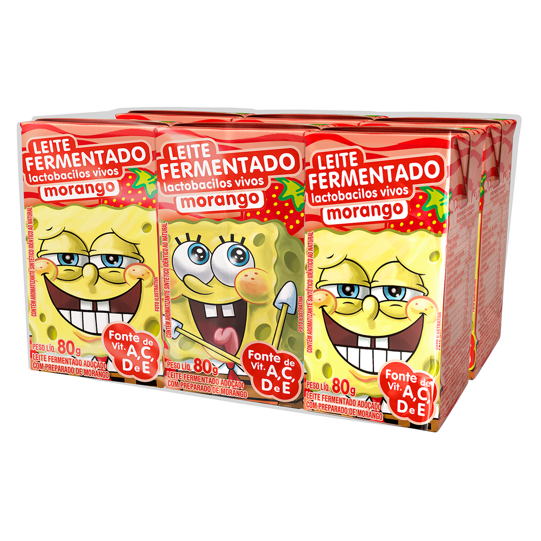 Leite Fermentado Desnatado Morango Bob Esponja Elegê Caixa 480g C/6 Unidades