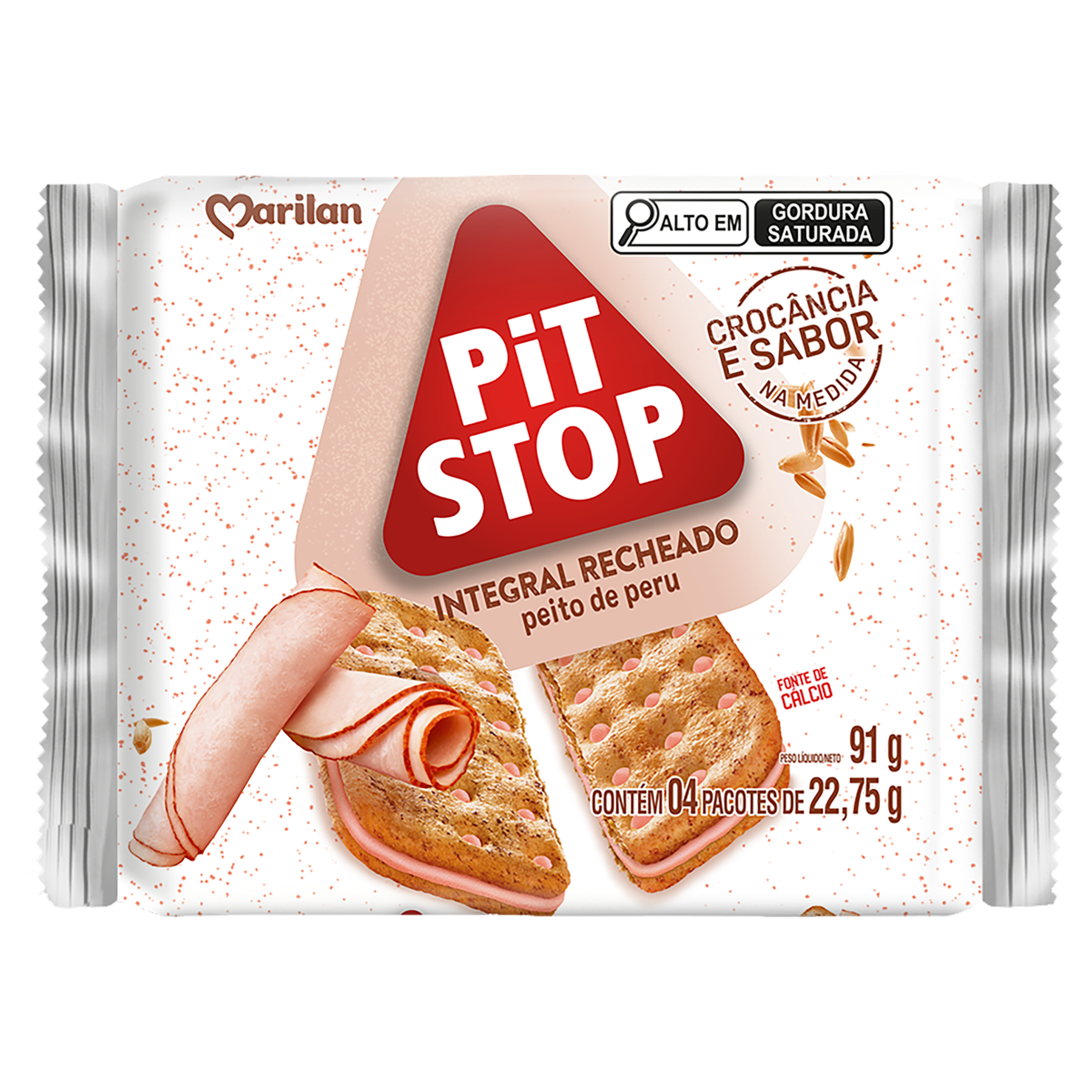 Biscoito Integral Recheio Peito de Peru Pit Stop Marilan Pacote 91g C/4 Unidades