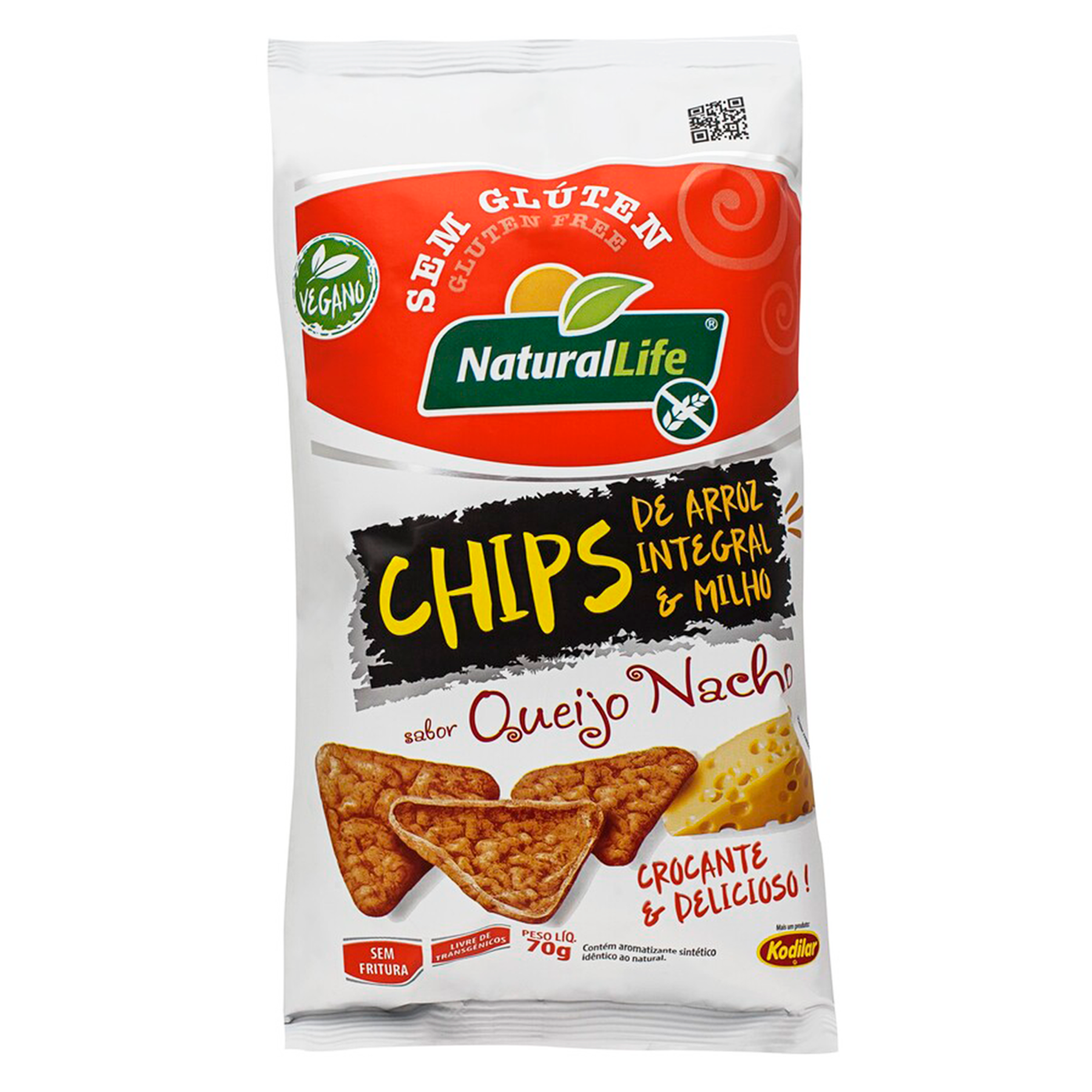 Chips de Arroz Integral e Milho Queijo Nacho sem Gl&uacute;ten Kodilar Natural Life Pacote 70g