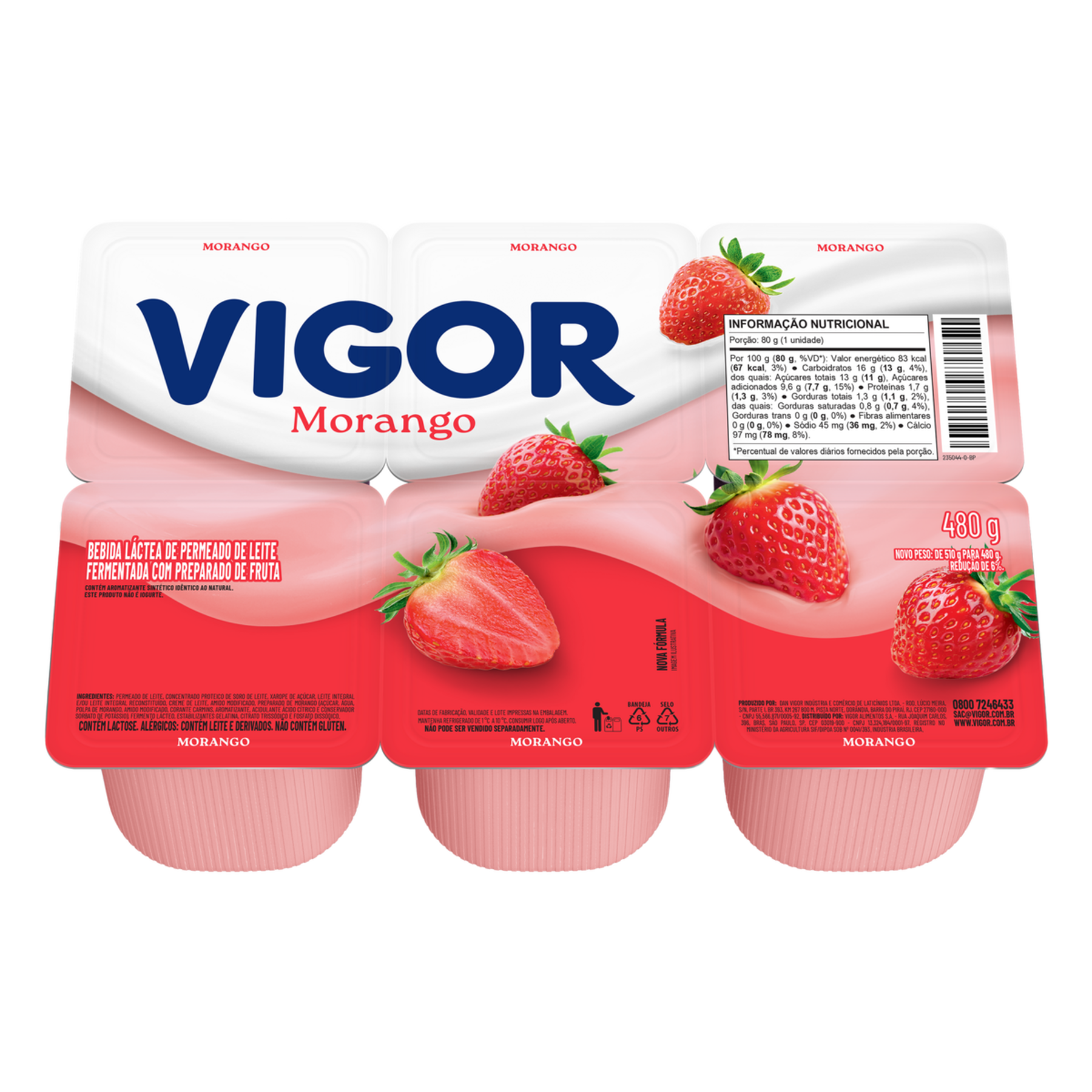 Bebida L&aacute;ctea Fermentada Morango Vigor Bandeja 480g C/6 Unidades