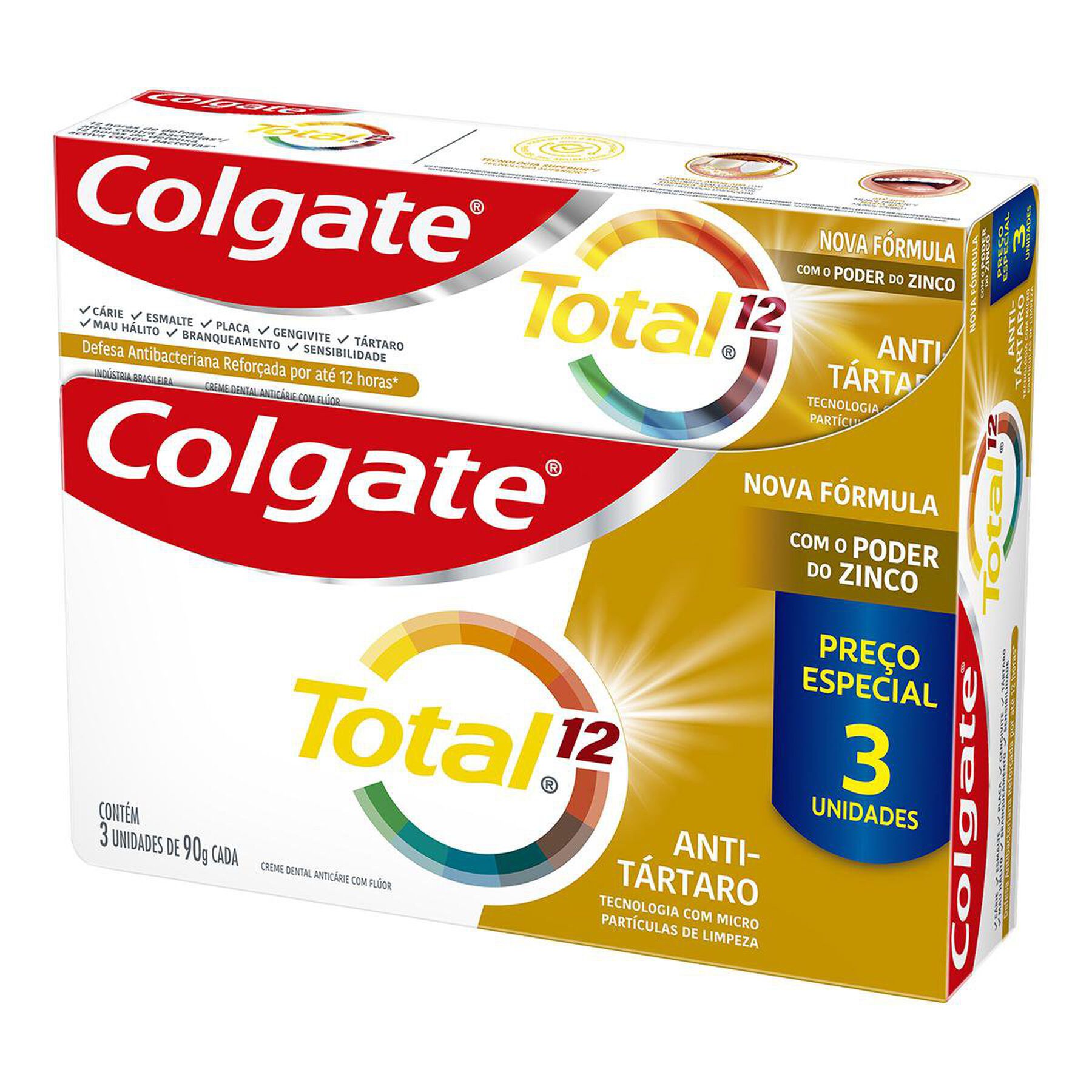 Creme Dental Colgate Total 12 Anti Tártaro 3 unid 90g Preço Especial