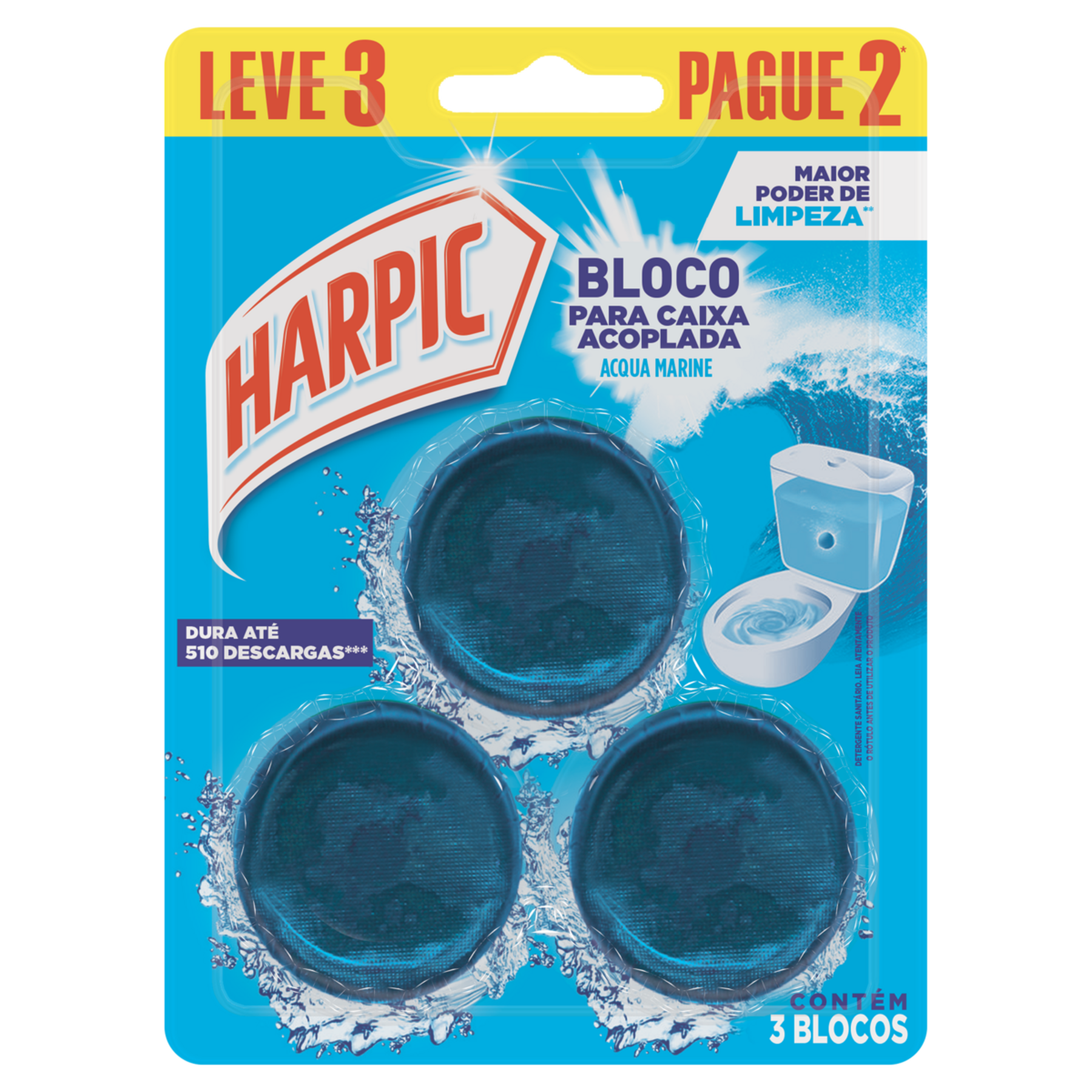 Detergente Sanit&aacute;rio Bloco para Caixa Acoplada Acqua Marine Harpic C/3 Unidades - Embalagem Leve 3 Pague 2