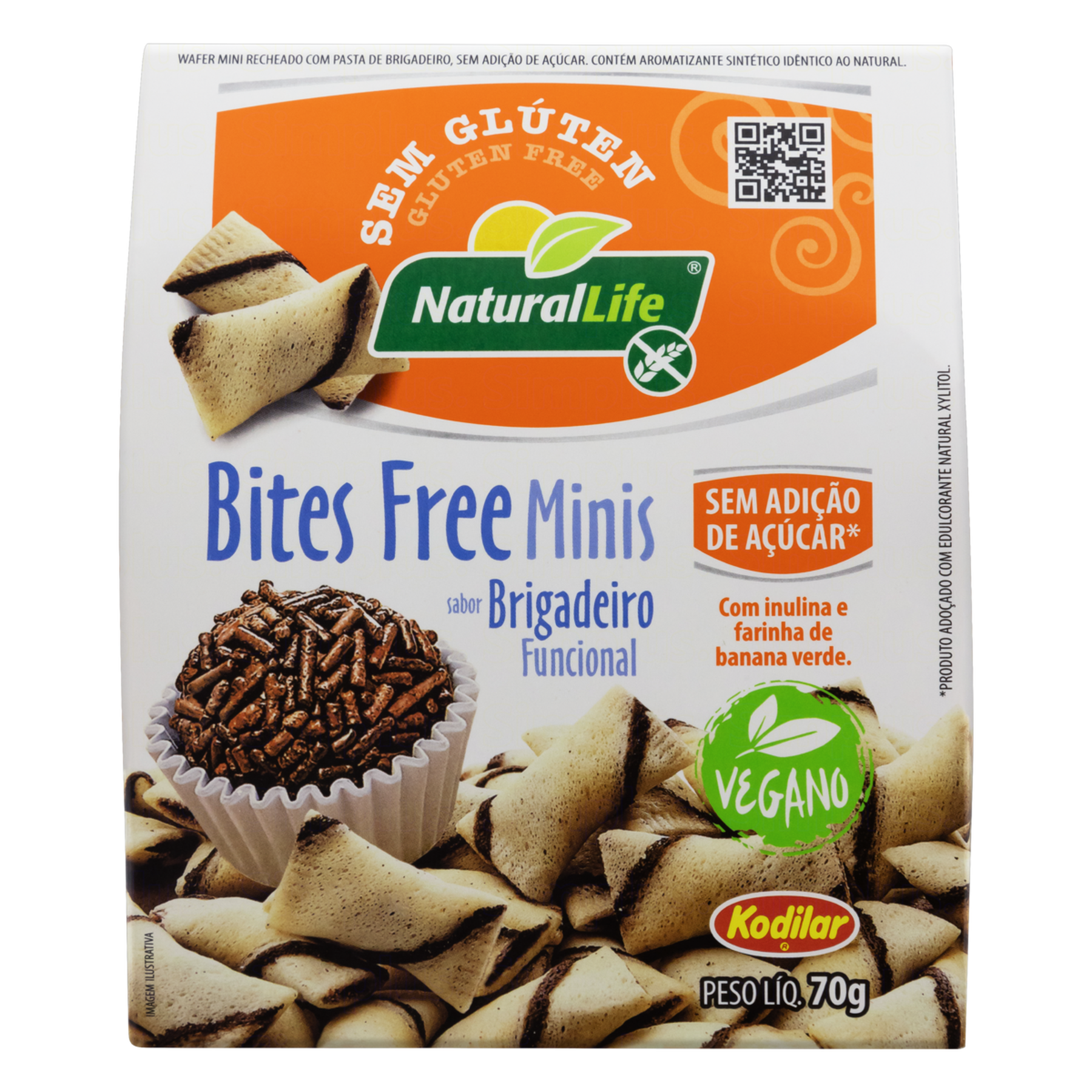 Mini Wafer Recheio Brigadeiro Funcional sem Gl&uacute;ten Natural Life Bites Free Caixa 70g