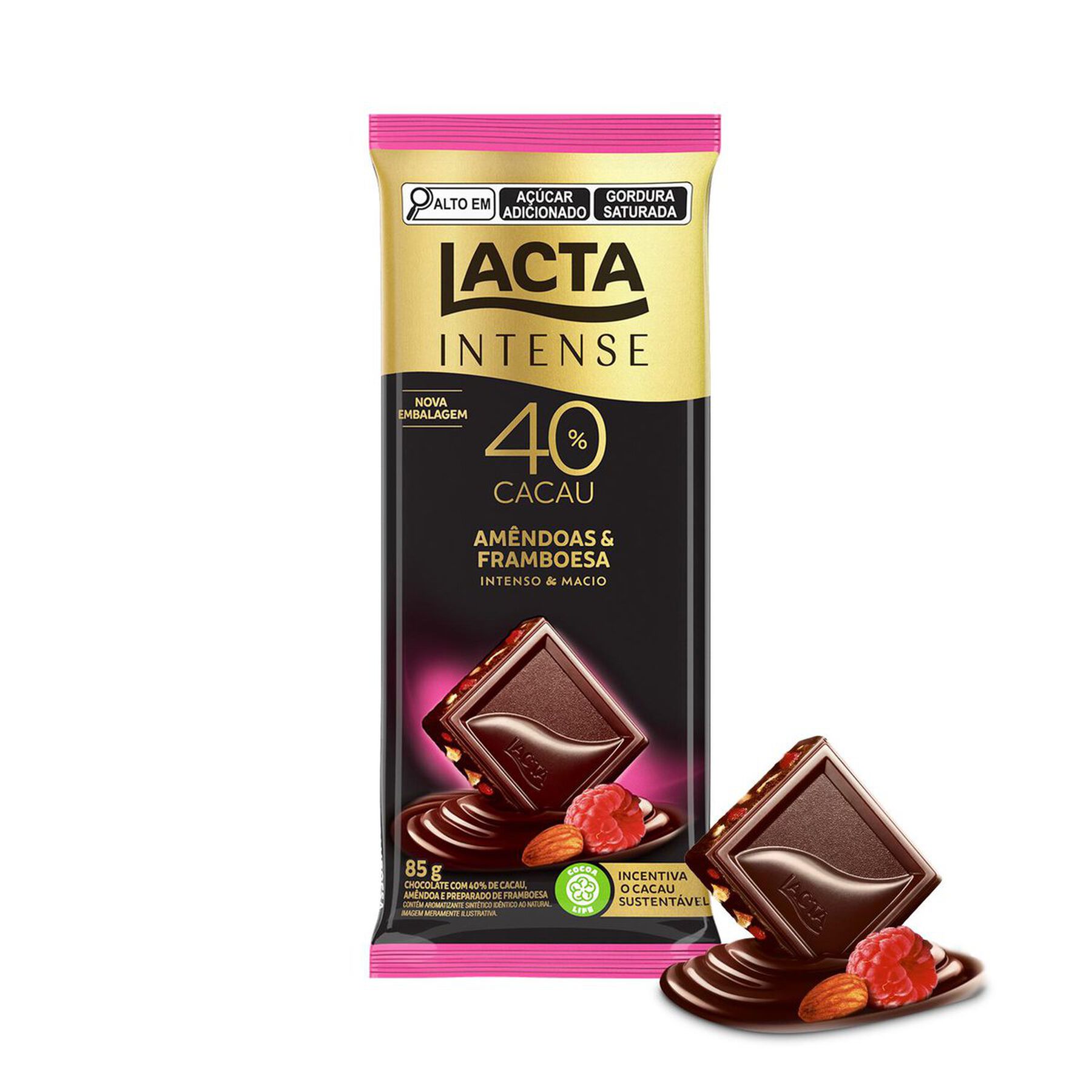 Chocolate Lacta Intense Meio Amargo 40% Cacau Amêndoas E Framboesa 85g
