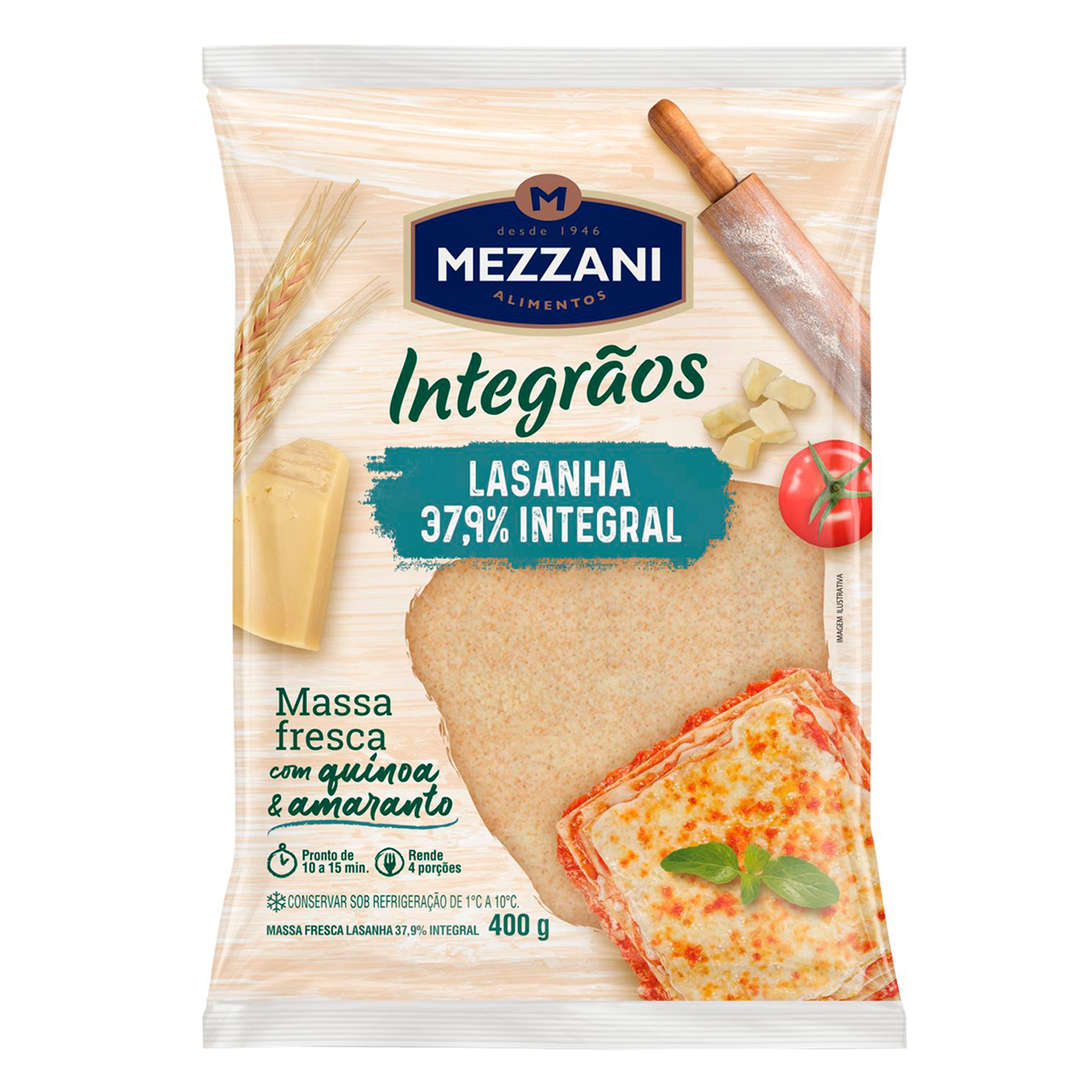 Massa Fresca Lasanha Integr&atilde;os Mezzani Pacote 400g