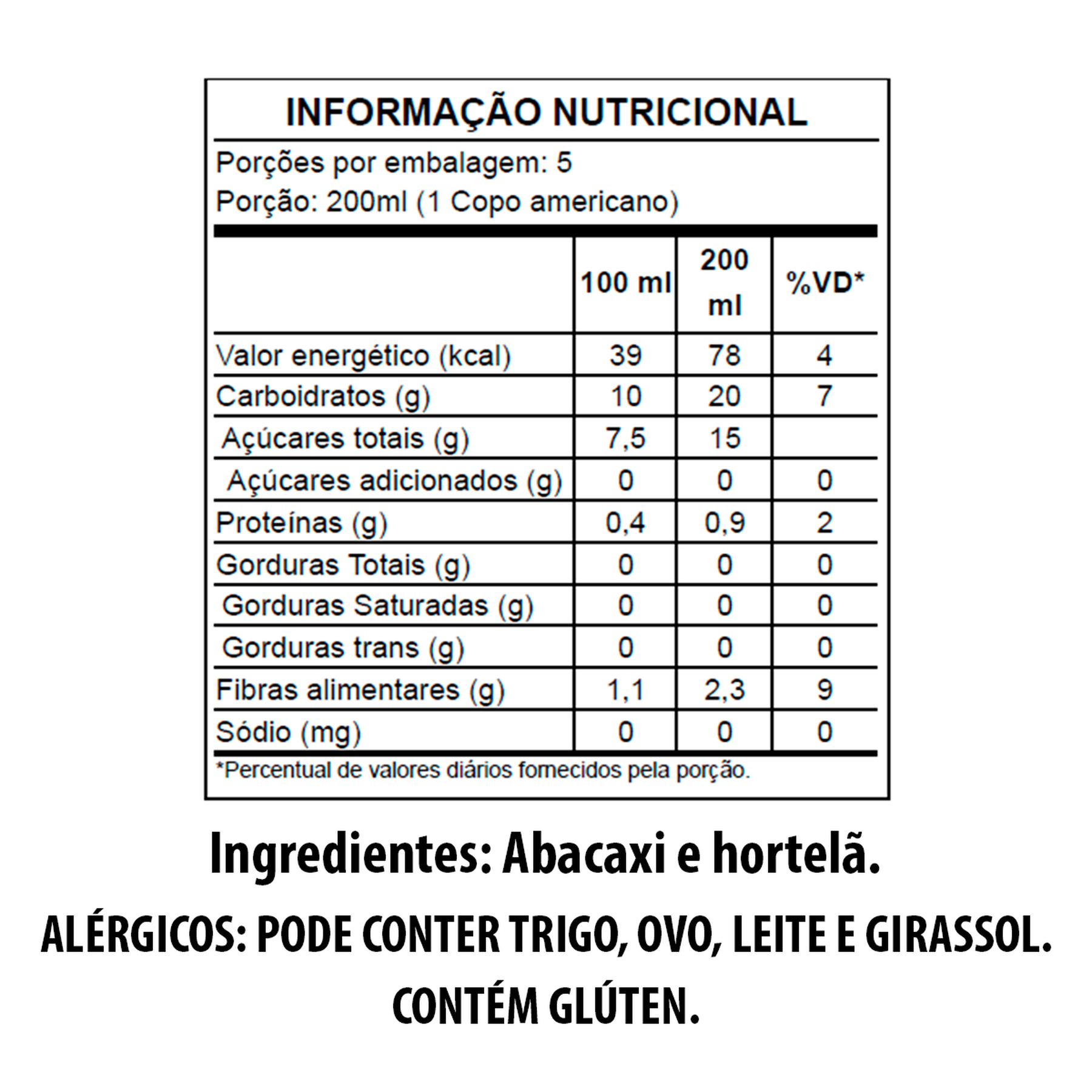 Suco Natural Misto de Frutas Abacaxi com Hortelã Garrafa 1l