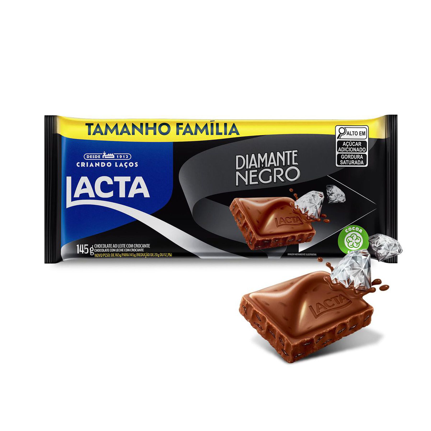 Barra de Chocolate ao Leite Crocante Diamante Negro Lacta Pacote 145g - Embalagem Tamanho Família