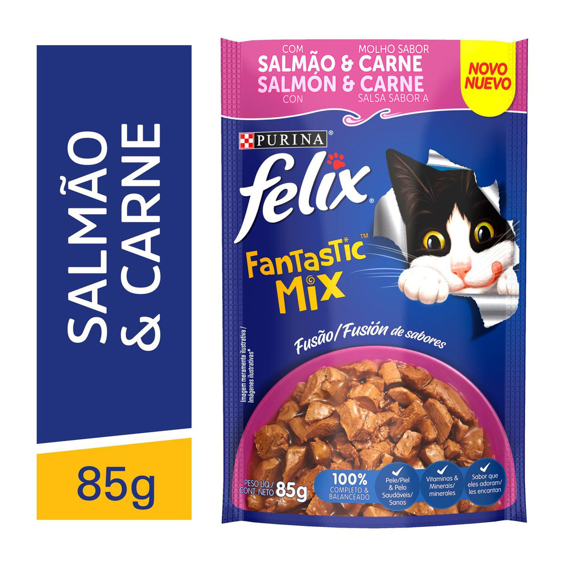 Alimento para Gatos Adultos Salm&atilde;o e Carne Purina Felix Fantastic Mix Sach&ecirc; 85g
