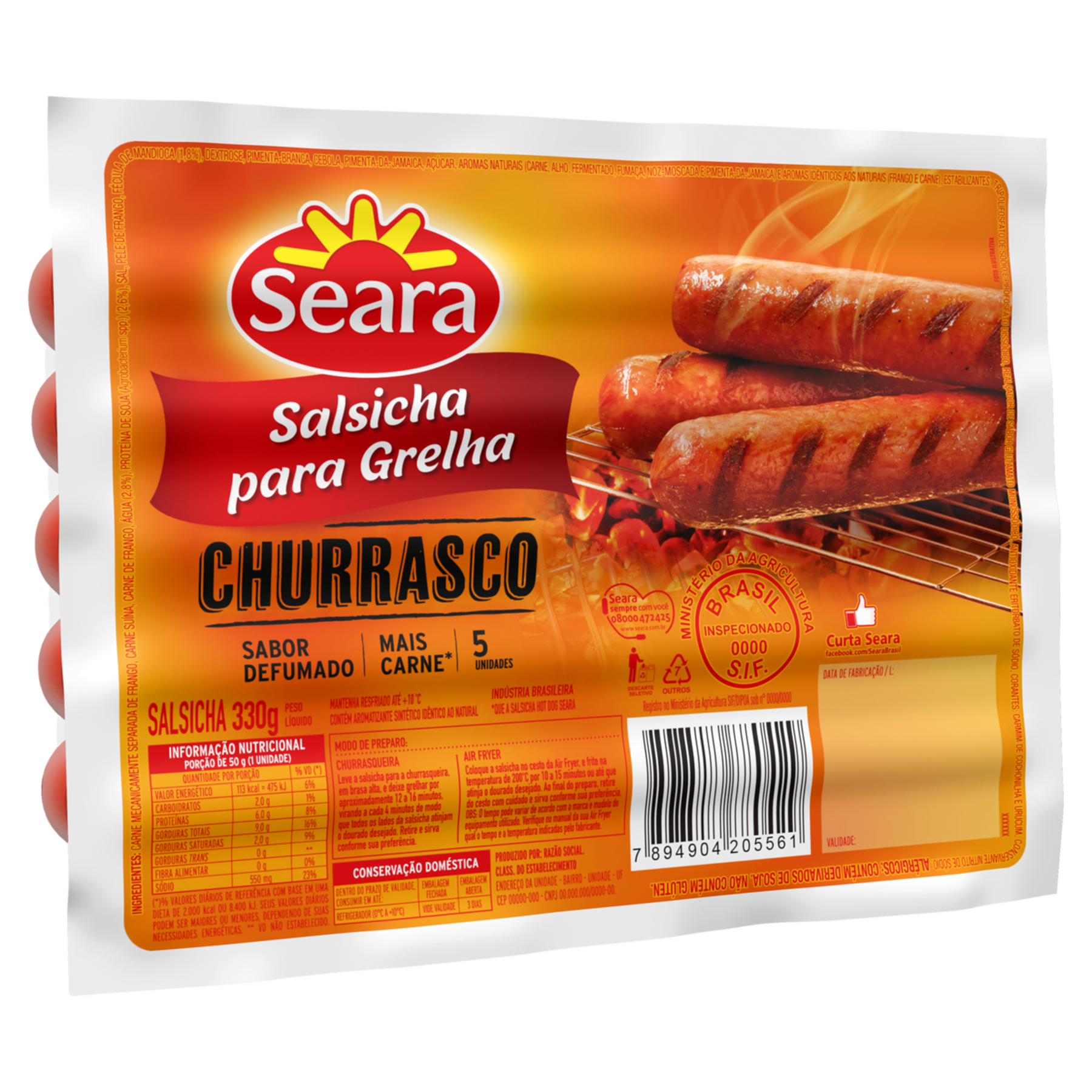 Salsicha para Grelha Churrasco Seara Pacote 330g C/5 Unidades