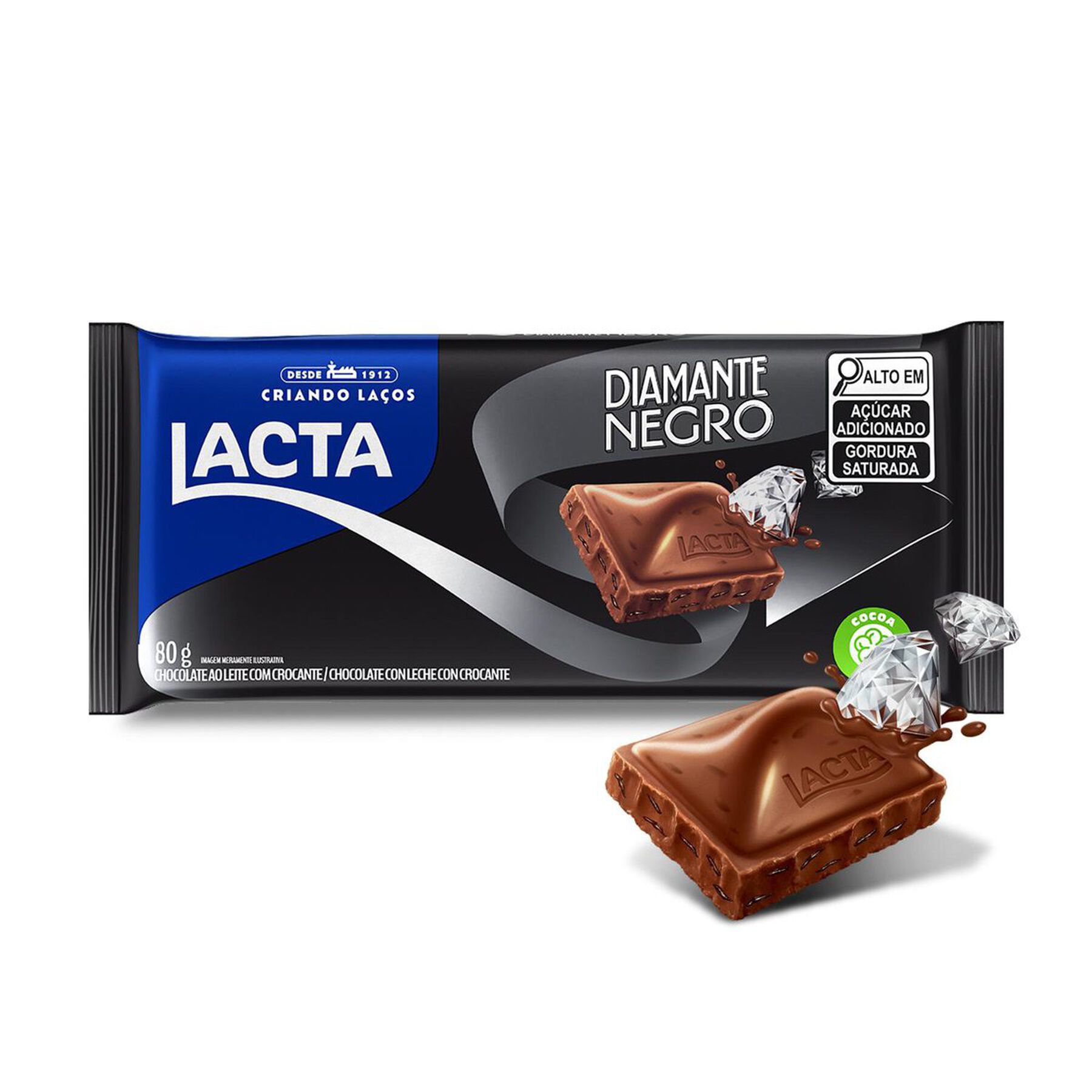 Barra de Chocolate ao Leite Diamante Negro Lacta Pacote 80g