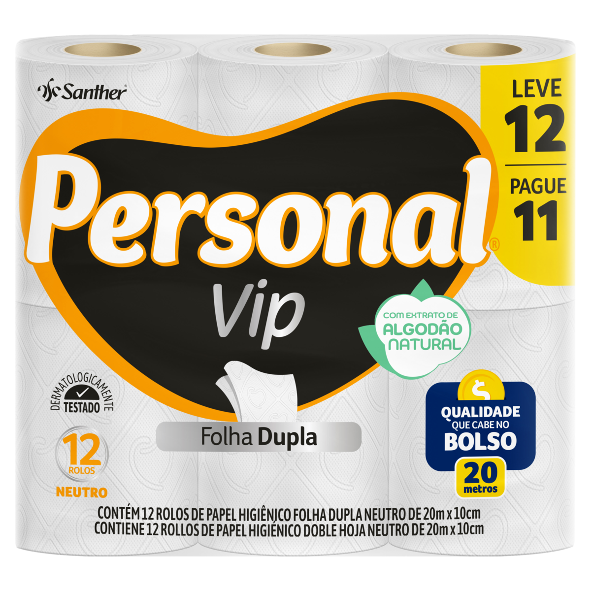 Papel Higi&ecirc;nico Folha Dupla Neutro Personal Vip 20m Pacote Leve 12 Pague 11 Unidades