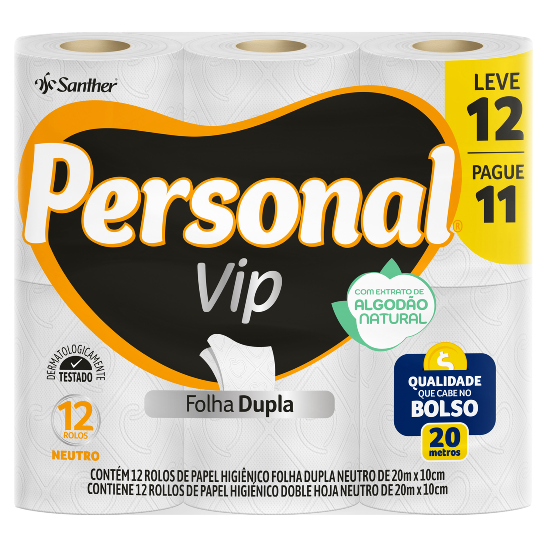 Papel Higi&ecirc;nico Folha Dupla Neutro Personal Vip 20m Pacote Leve 12 Pague 11 Unidades