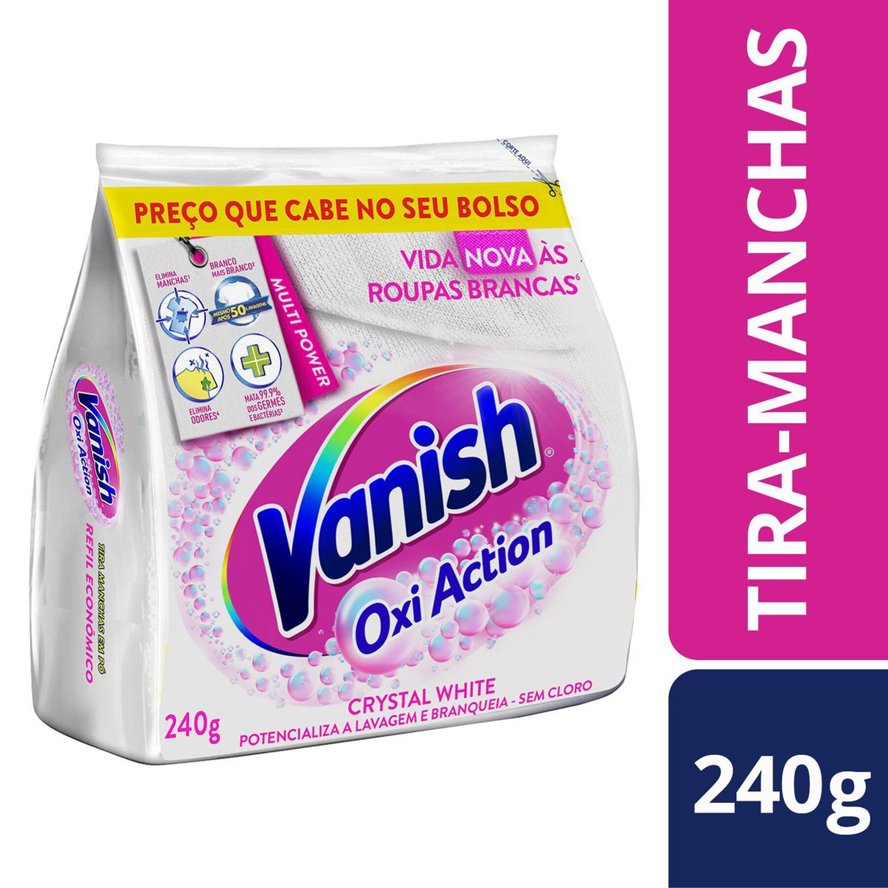 Tira Manchas em Pó Roupas Brancas Crystal White Oxi Action Vanish Pacote 240g - Embalagem Refil Econômico