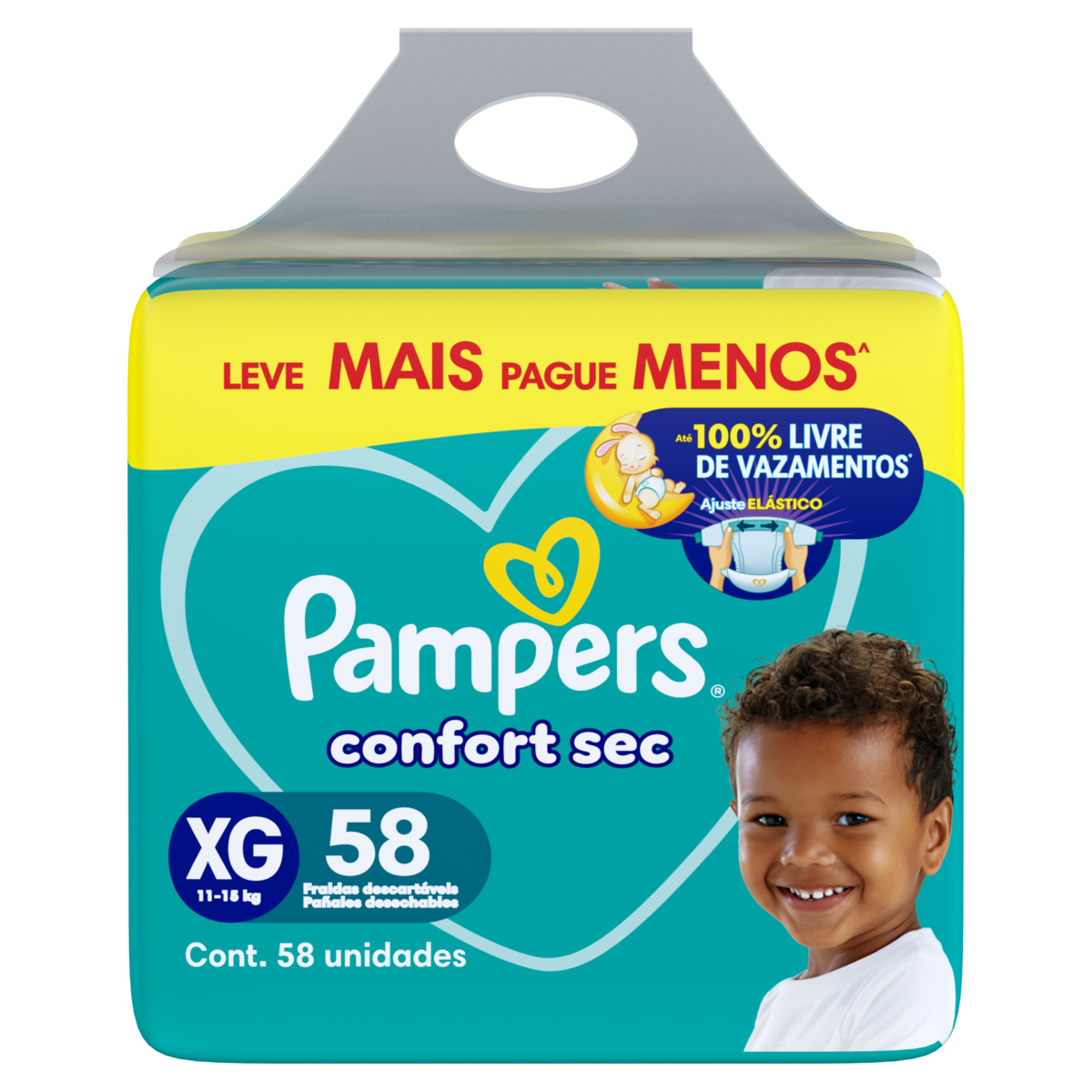 Fralda Descart&aacute;vel Infantil Confort Sec Pampers Tam. XG Pacote C/58 Unidades - Embalagem Leve Mais Pague Menos
