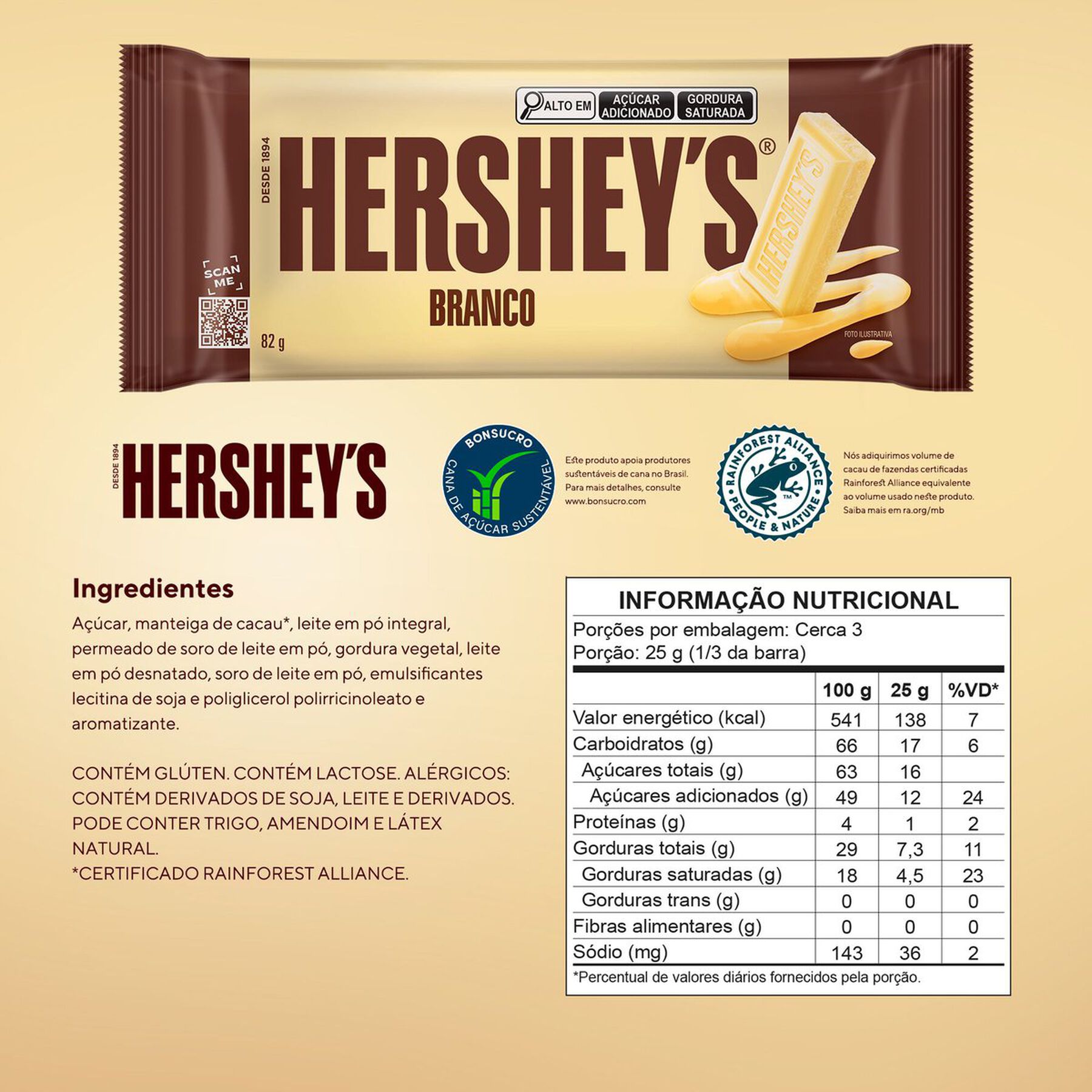 Barra de Chocolate Branco Hershey's Pacote 82g