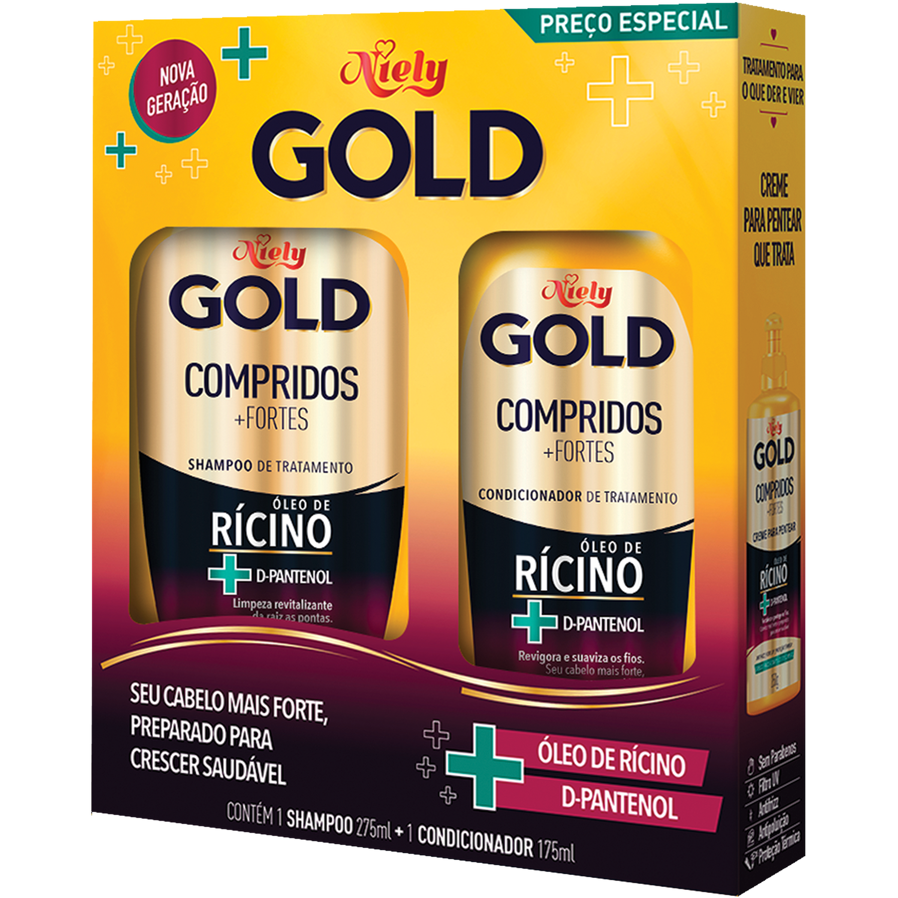 Shampoo 275ml + Condicionador 175ml Compridos +Fortes Niely Gold