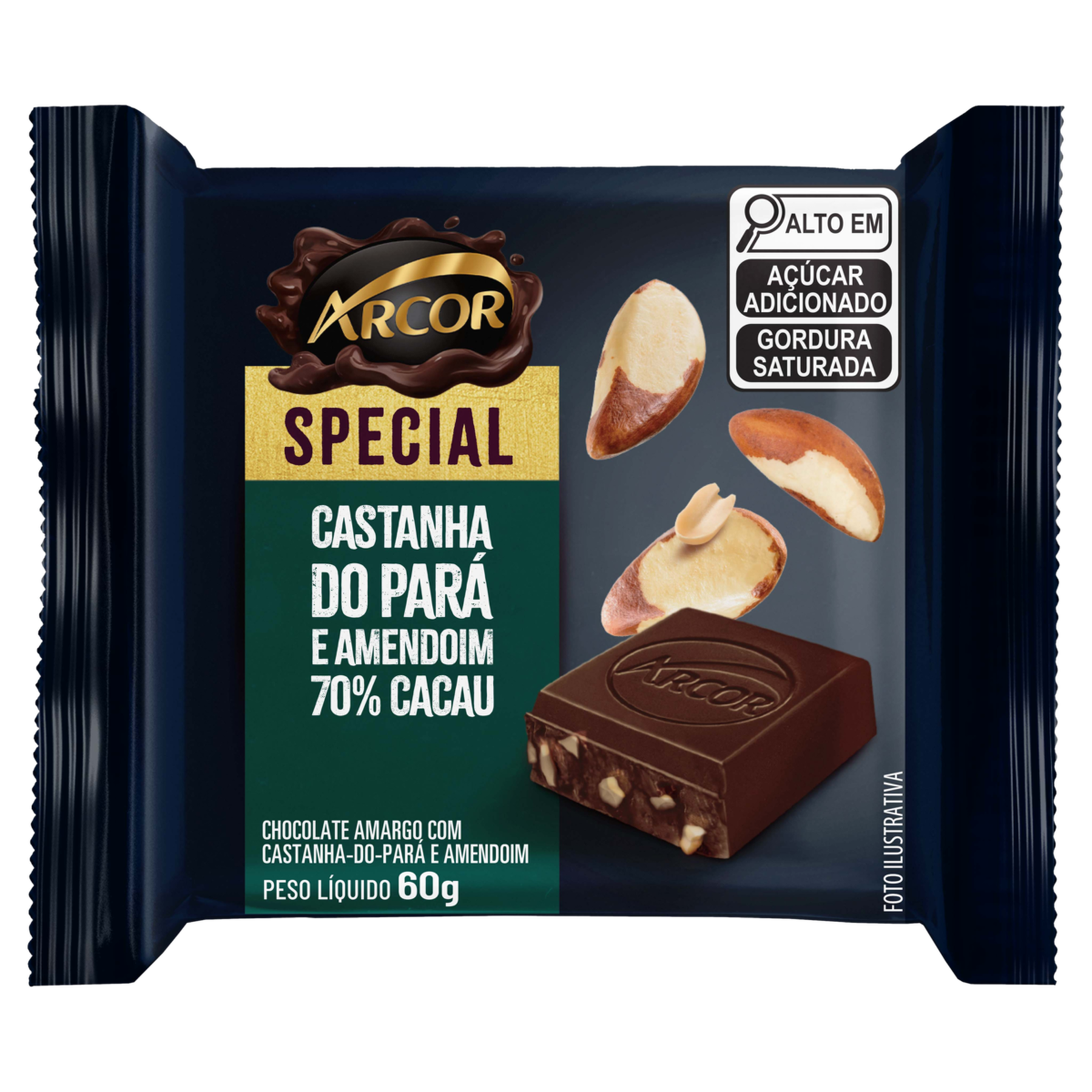 Chocolate Amargo 70% Cacau com Castanha-do-Pará e Amendoim Arcor Special Pacote 60g