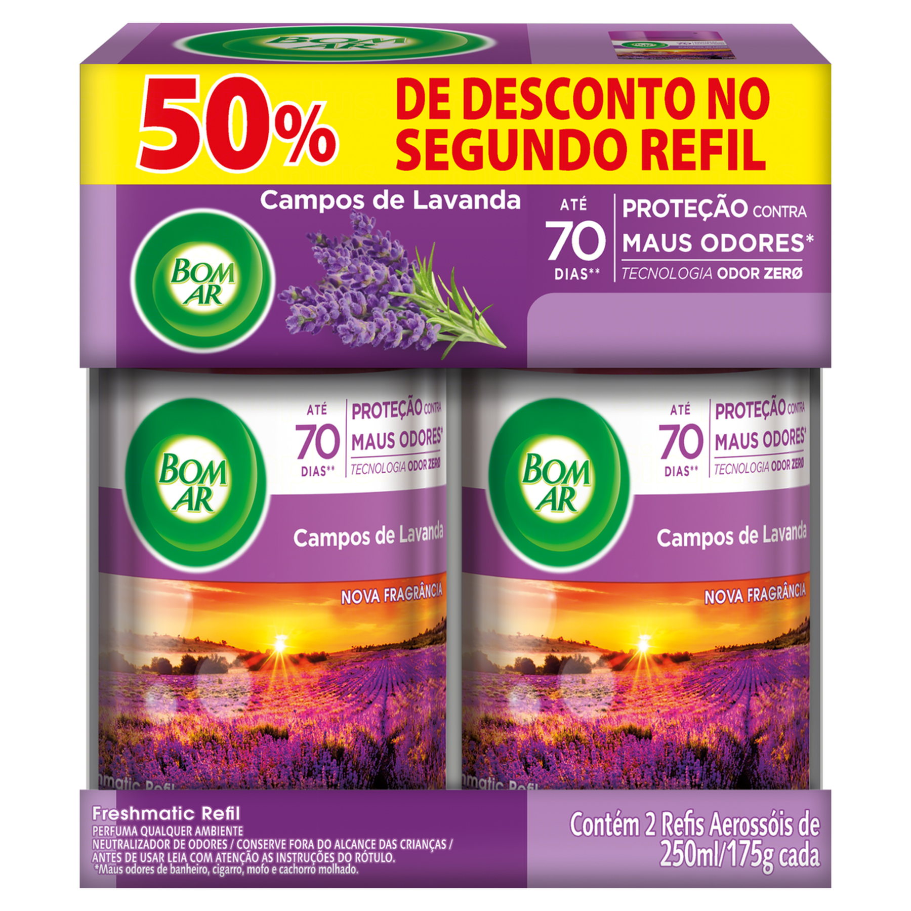 Pack Neutralizador de Odores Campos de Lavanda Bom Ar Freshmatic Frasco 500ml Refil 2 Unidades Gr&aacute;tis 50% de Desconto no Segundo Refil