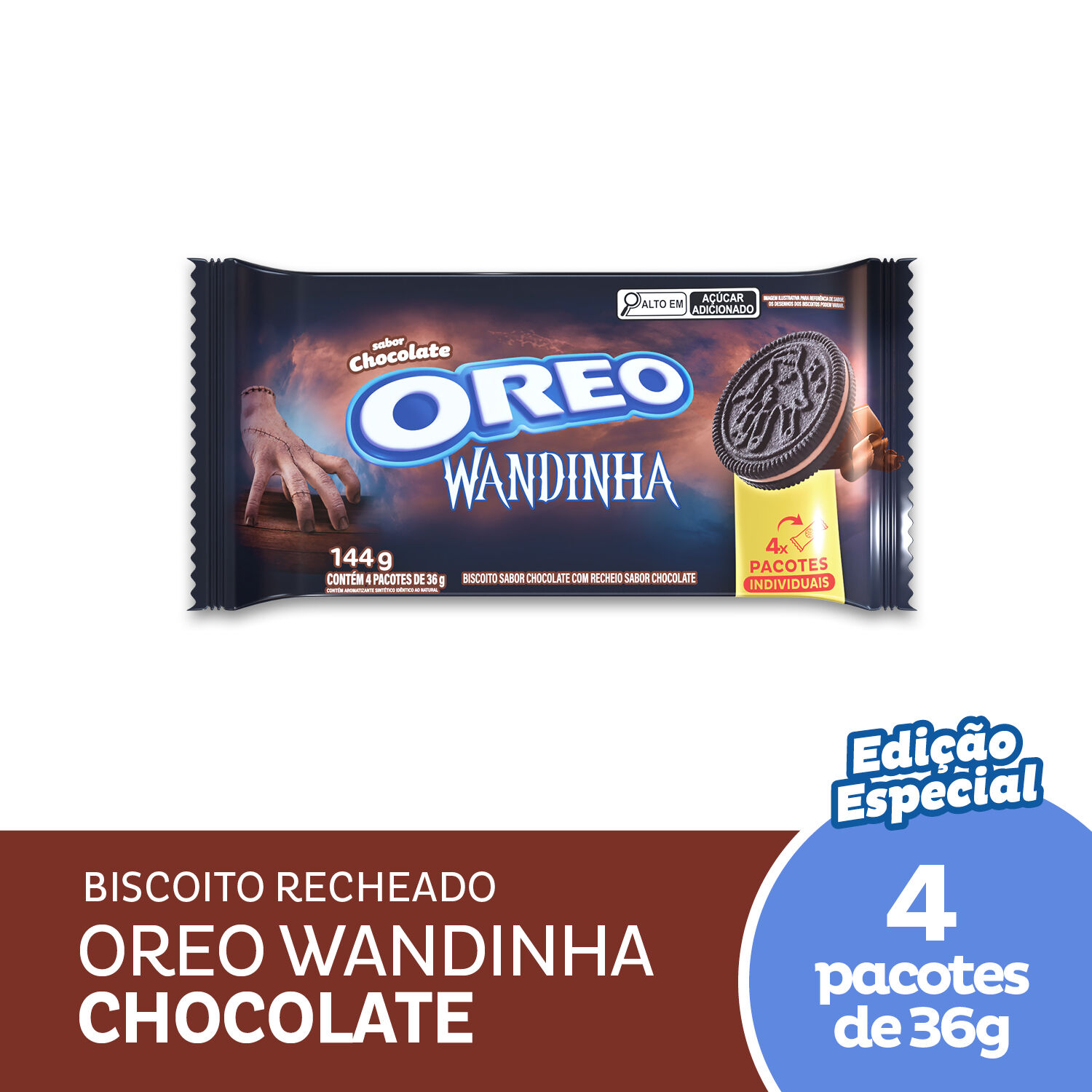 Pack Biscoito Chocolate Recheio Chocolate Oreo Pacote 144g 4 Unidades