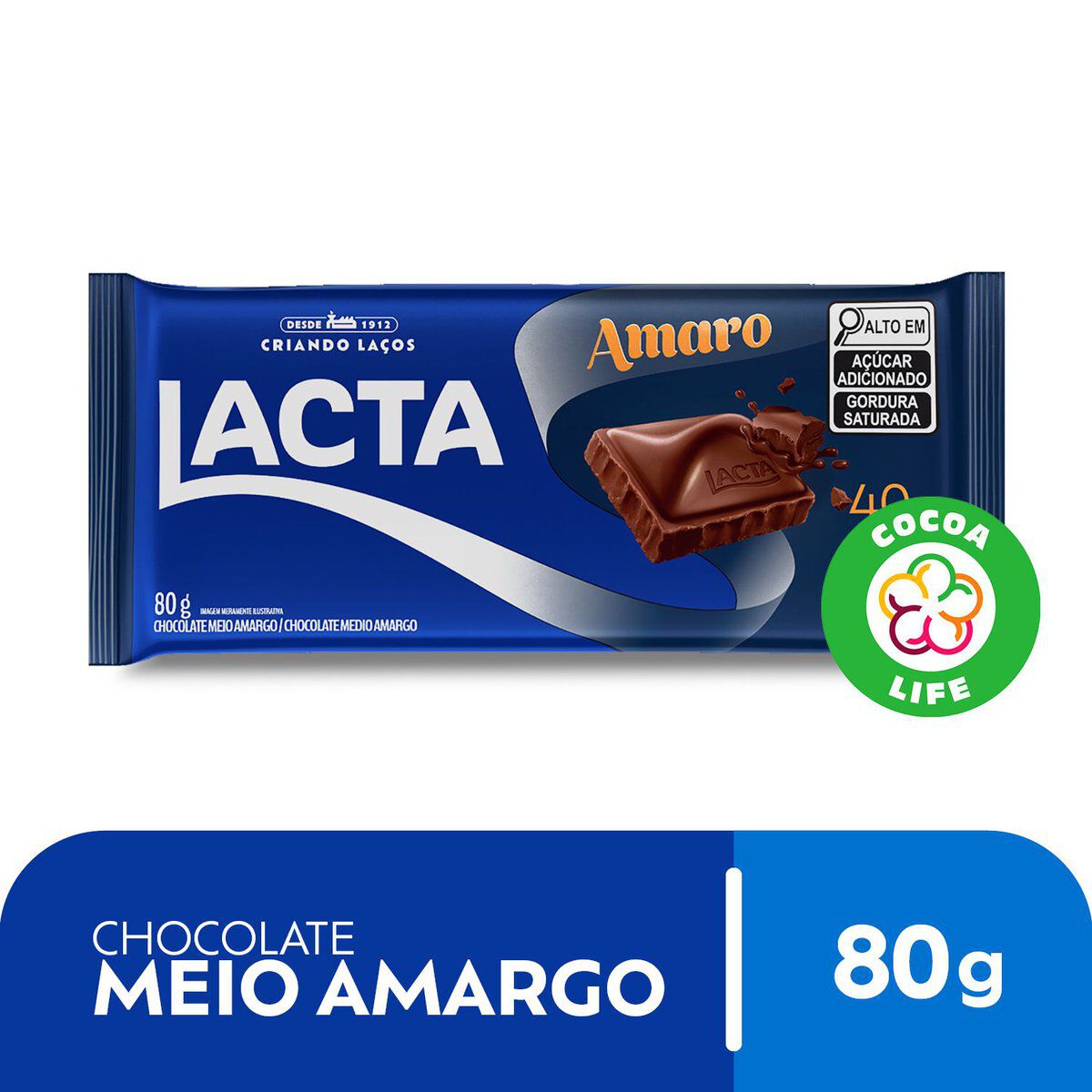Barra de Chocolate Meio Amargo 40% Cacau Amaro Lacta Pacote 80g