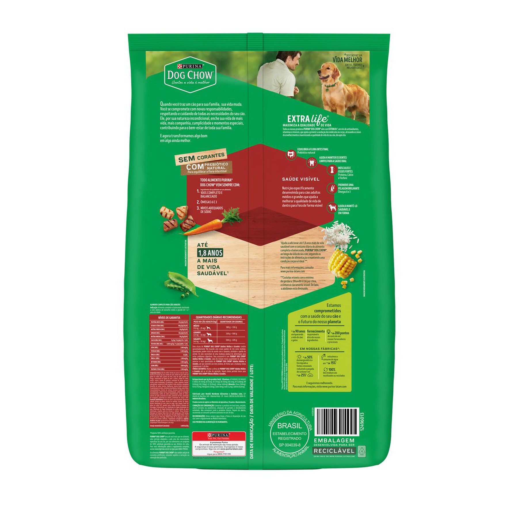 Alimento para Cães Adultos Raças Médias e Grandes Carne, Frango e Arroz Purina Dog Chow Extra Life Pacote 10,1kg