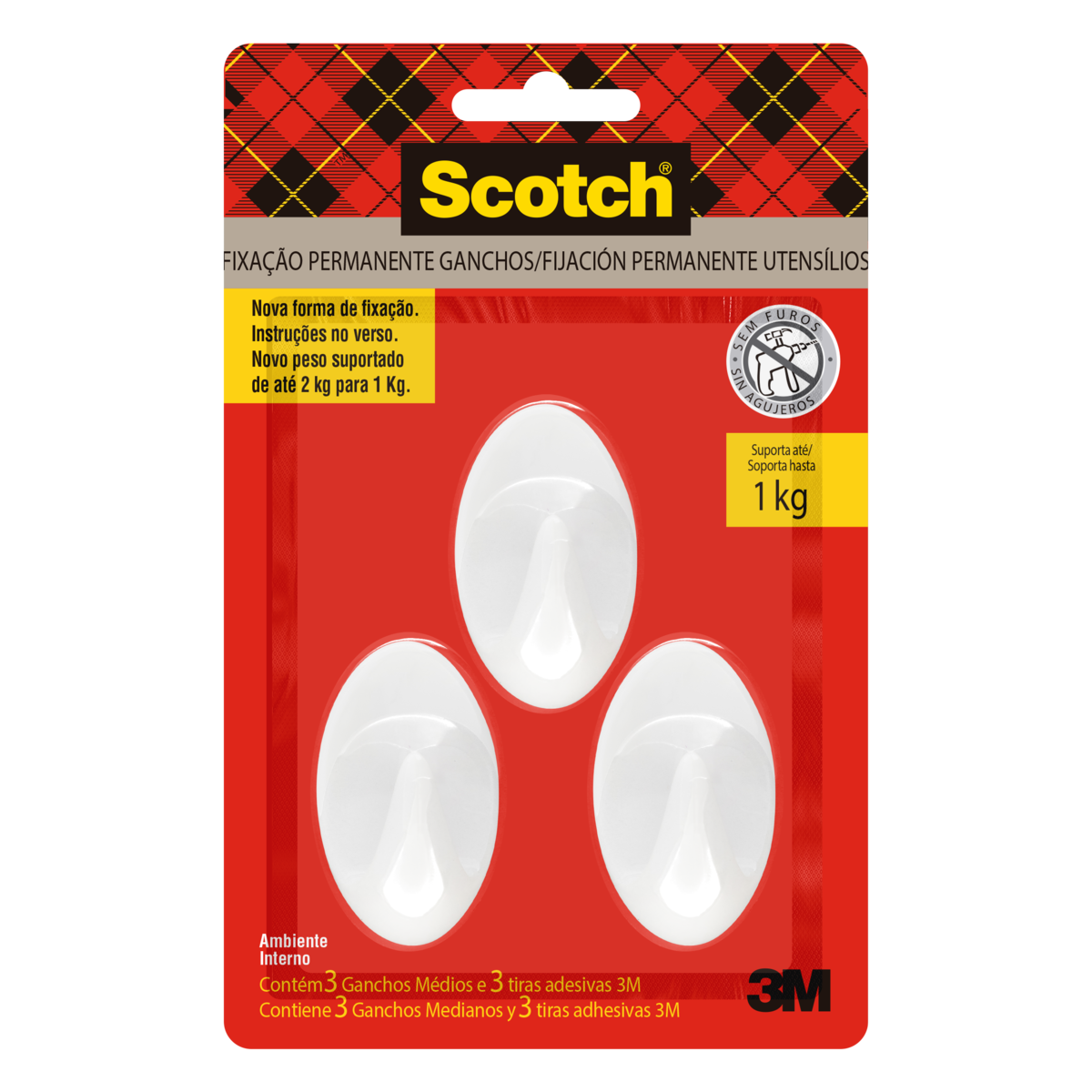 Gancho M&eacute;dio Branco com Tira Adesiva Suporta at&eacute; 1kg Scotch C/3 Unidades