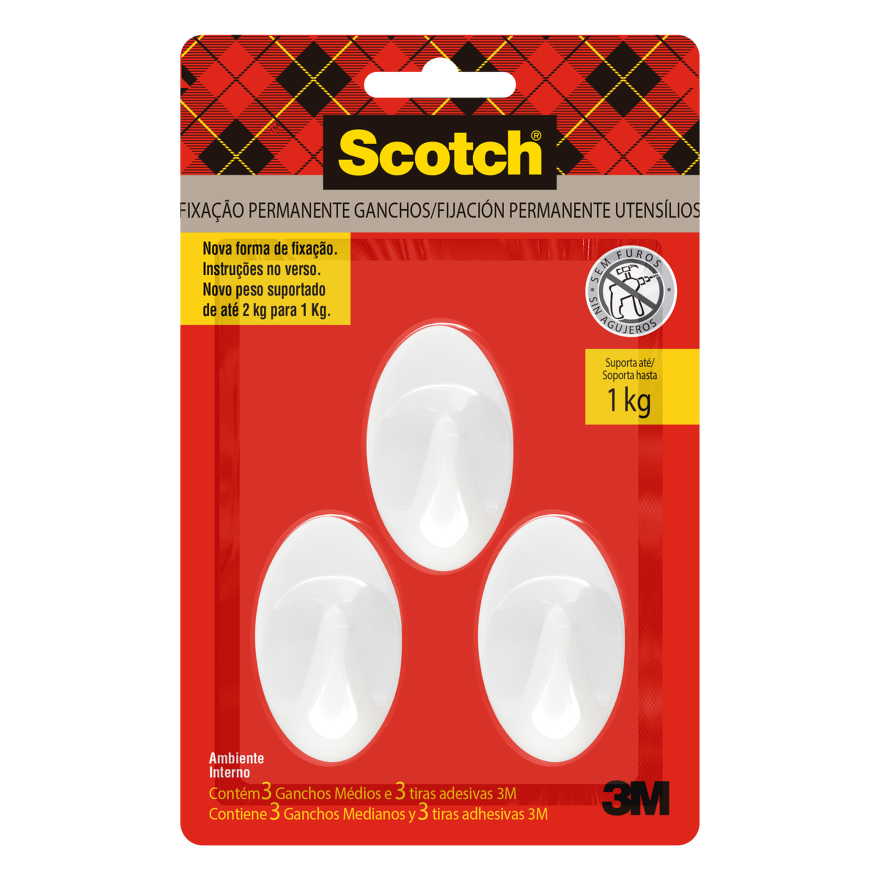 Gancho M&eacute;dio Branco com Tira Adesiva Suporta at&eacute; 1kg Scotch C/3 Unidades