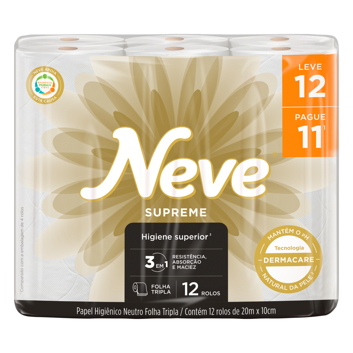 Papel Higi&ecirc;nico Folha Tripla Neutro Neve Supreme 20m Pacote Leve 12 Pague 11 Unidades