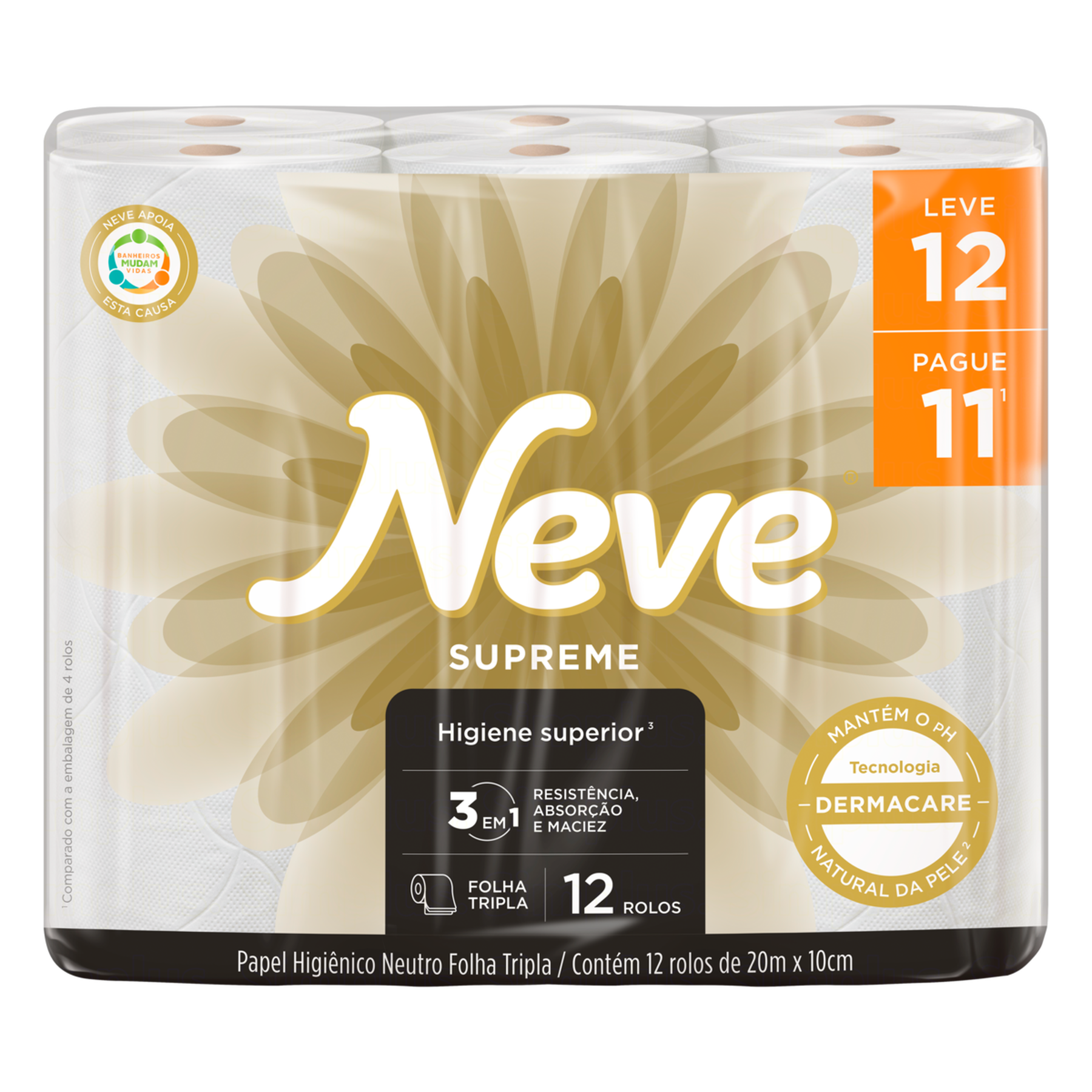 Papel Higiênico Folha Tripla Neutro Neve Supreme 20m Pacote Leve 12 Pague 11 Unidades