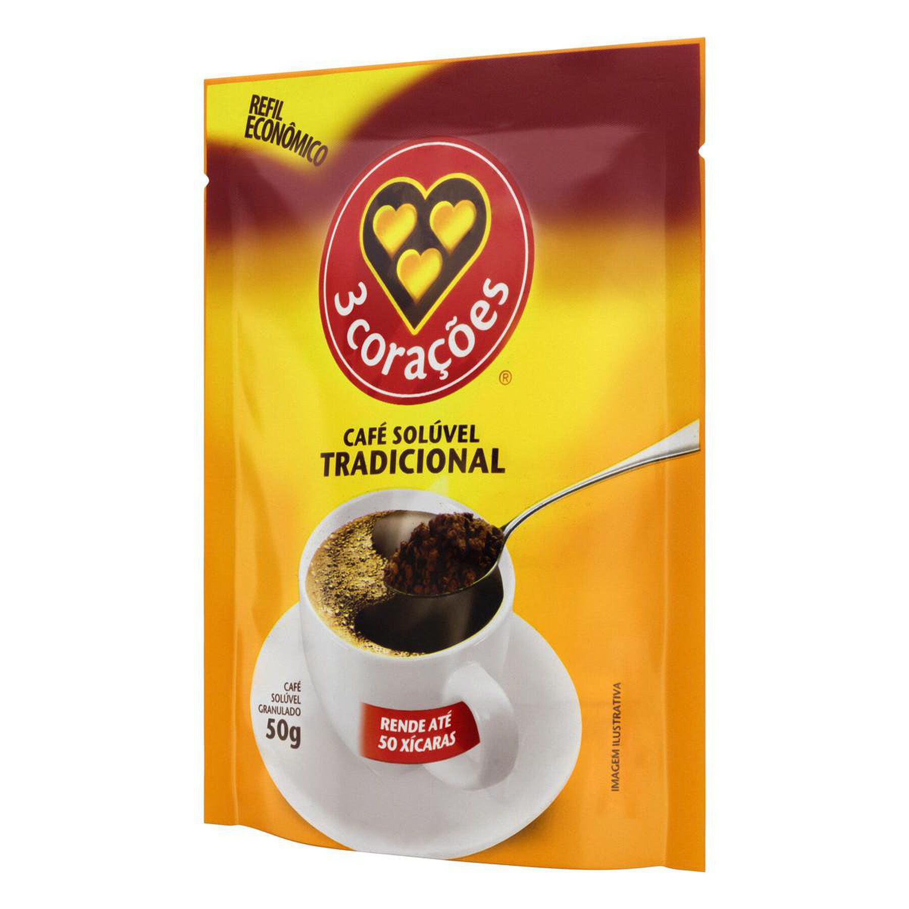 Caf&eacute; Sol&uacute;vel Granulado Tradicional 3 Cora&ccedil;&otilde;es Sach&ecirc; 50g Refil Econ&ocirc;mico