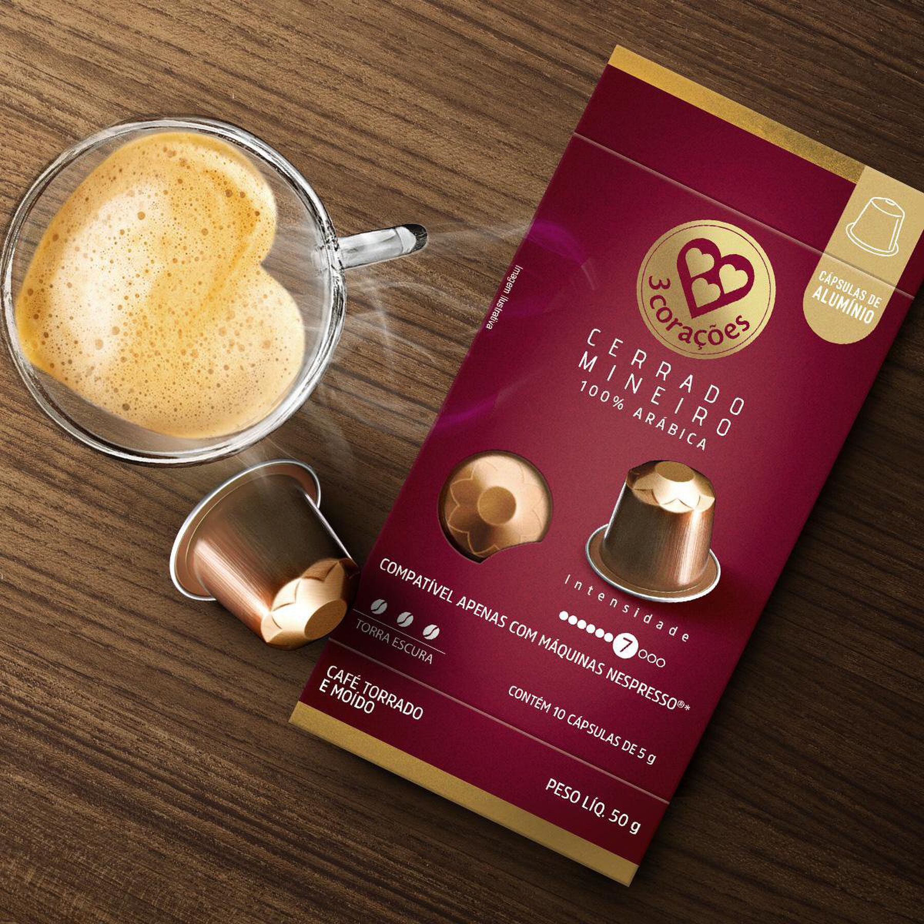 Caf&eacute; em C&aacute;psula Torrado e Mo&iacute;do Cerrado Mineiro 3 Cora&ccedil;&otilde;es Caixa 50g C/10 Unidades