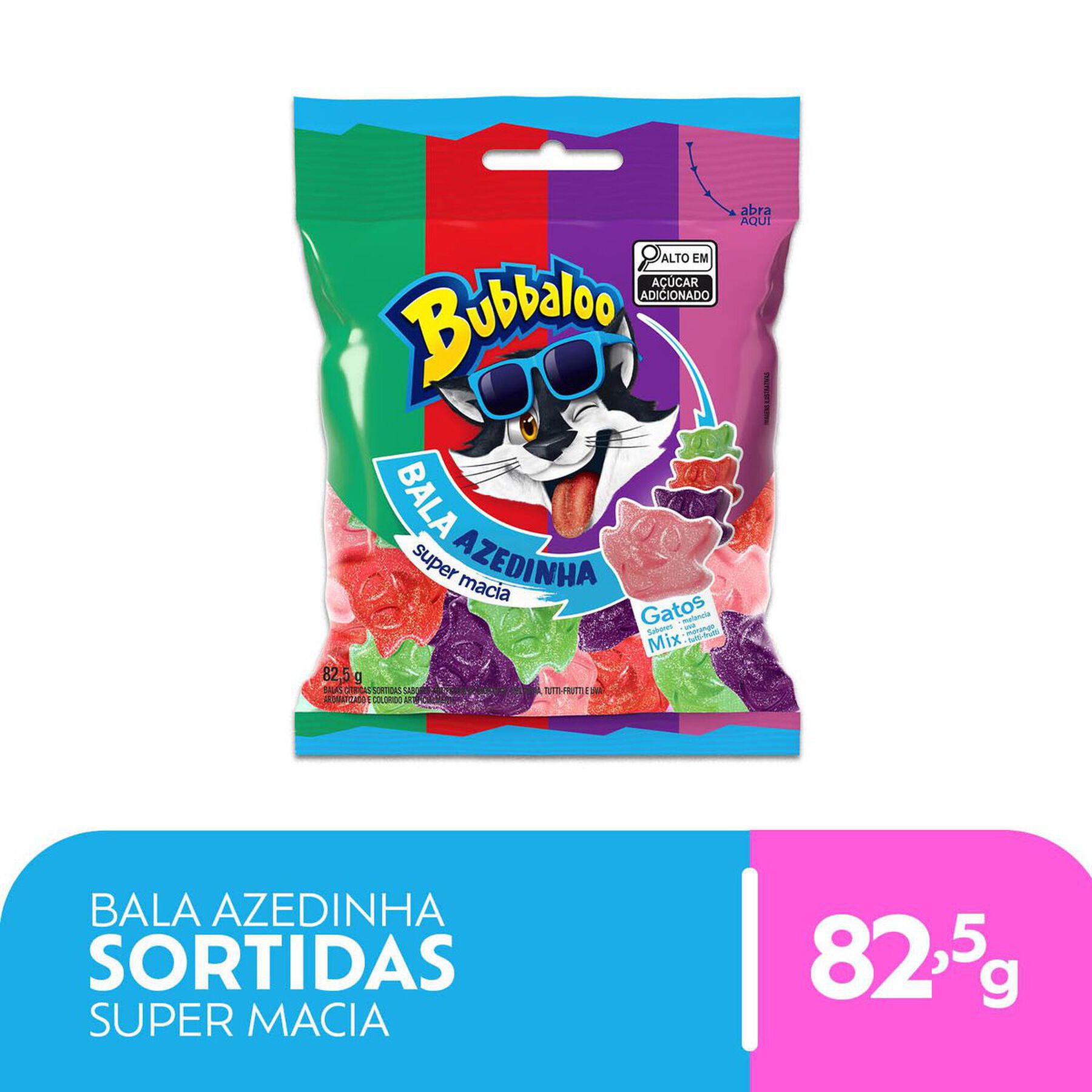 Bala Azedinha Sortida Gatos Bubbaloo Pacote 82,5g
