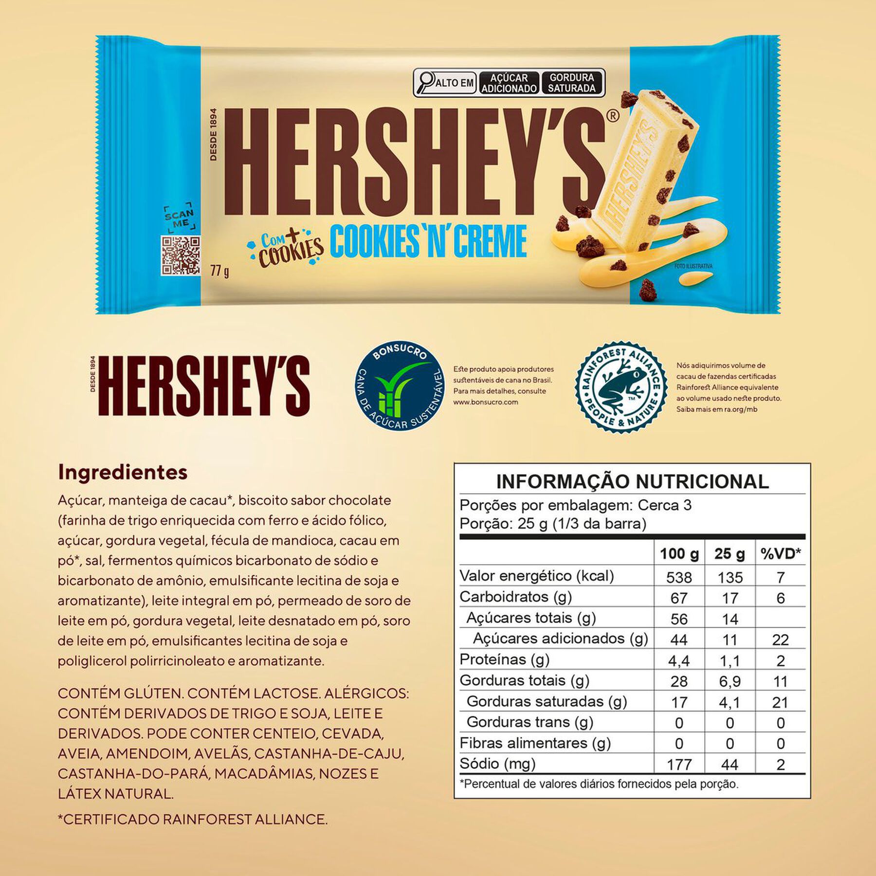 Barra de Chocolate Branco Cookies 'N' Creme Hershey's Pacote 77g