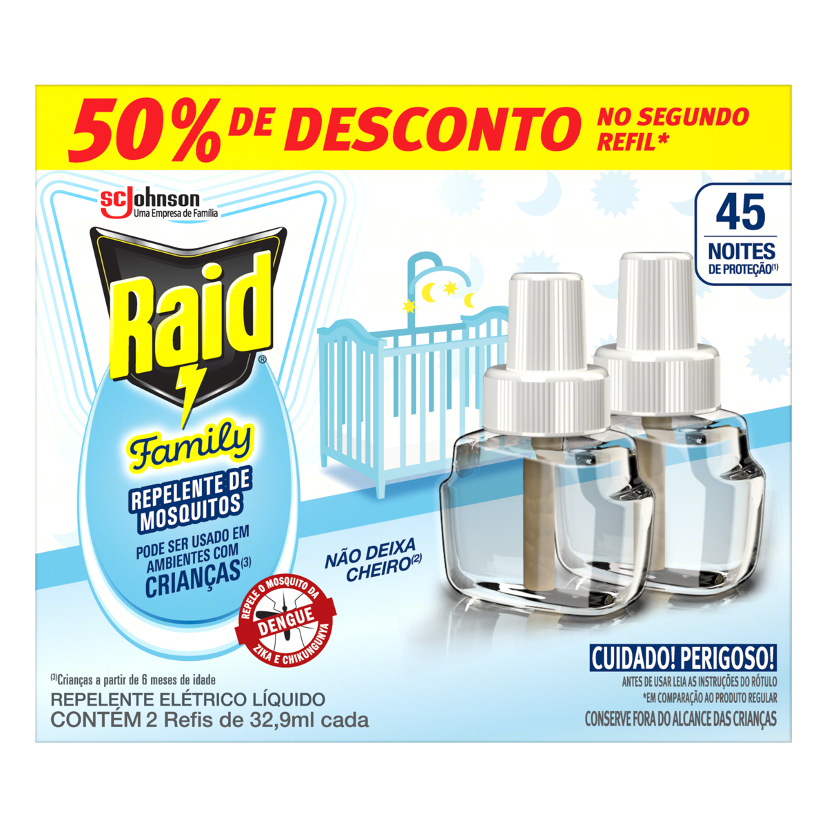 Repelente L&iacute;quido El&eacute;trico 45 Noites Raid Family Caixa C/2 Unidades 32,9ml Cada - Embalagem Gr&aacute;tis 50% de Desconto no Segundo Refil