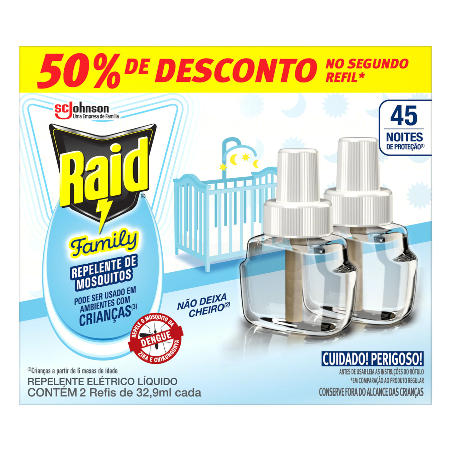 Repelente Líquido Elétrico 45 Noites Raid Family Caixa C/2 Unidades 32,9ml Cada - Embalagem Grátis 50% de Desconto no Segundo Refil